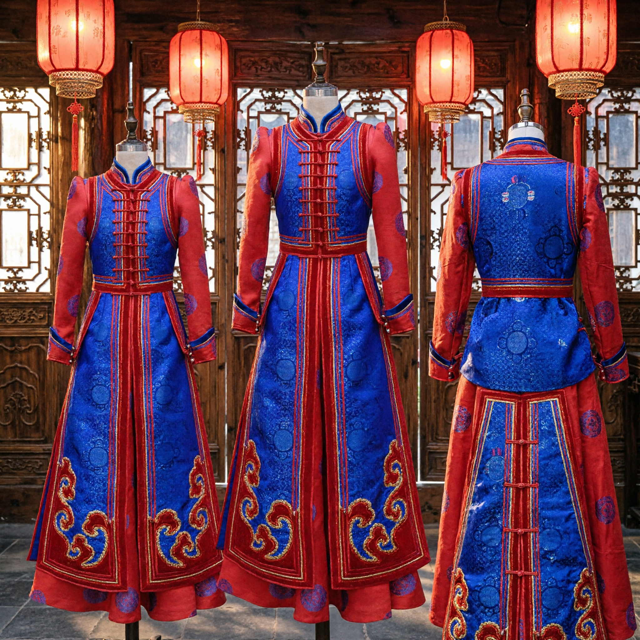 Veste Tradizionale Mongola Cinese per Donne Costume da Danza Popolare Ricamato in Blu e Rosso per Spettacolo su Palco - Asian Costume