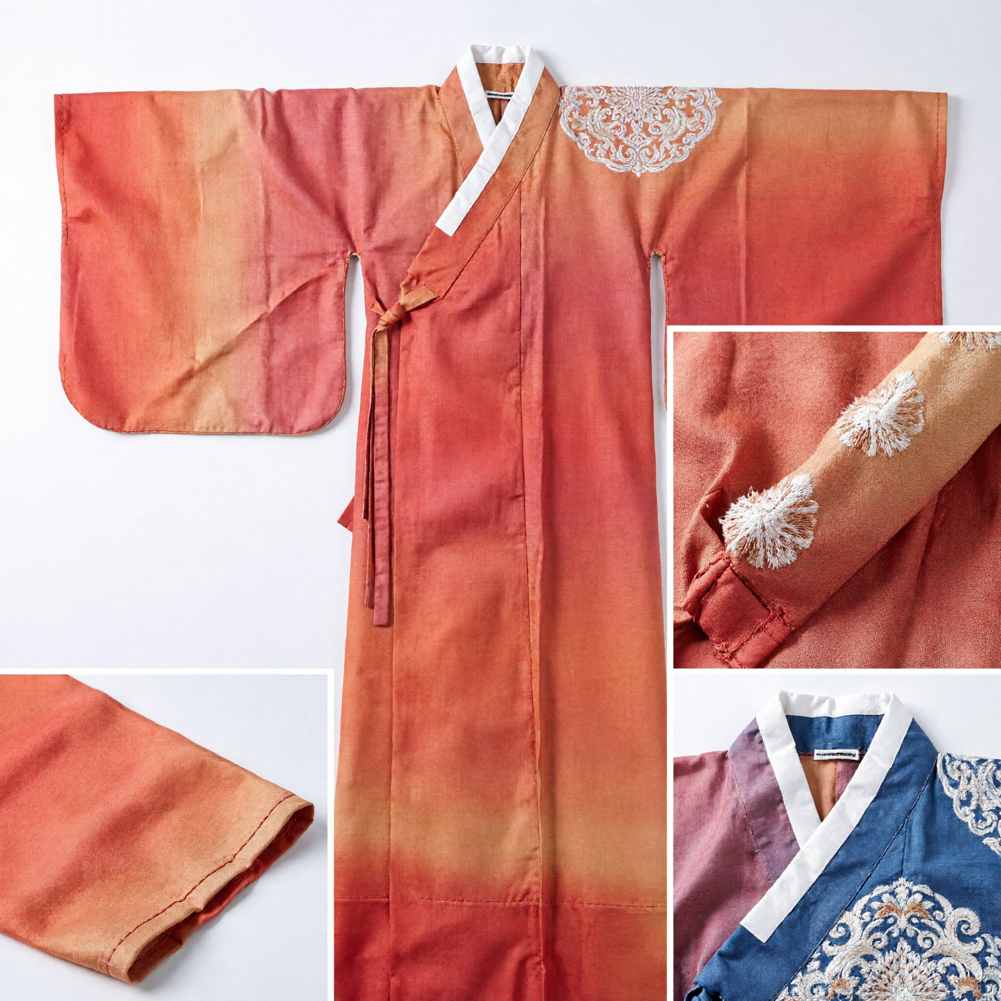 Túnica Tradicional China Hanfu Naranja Degradado con Bordado Azul Traje Antiguo de Seda para Presentación - Asian Costume