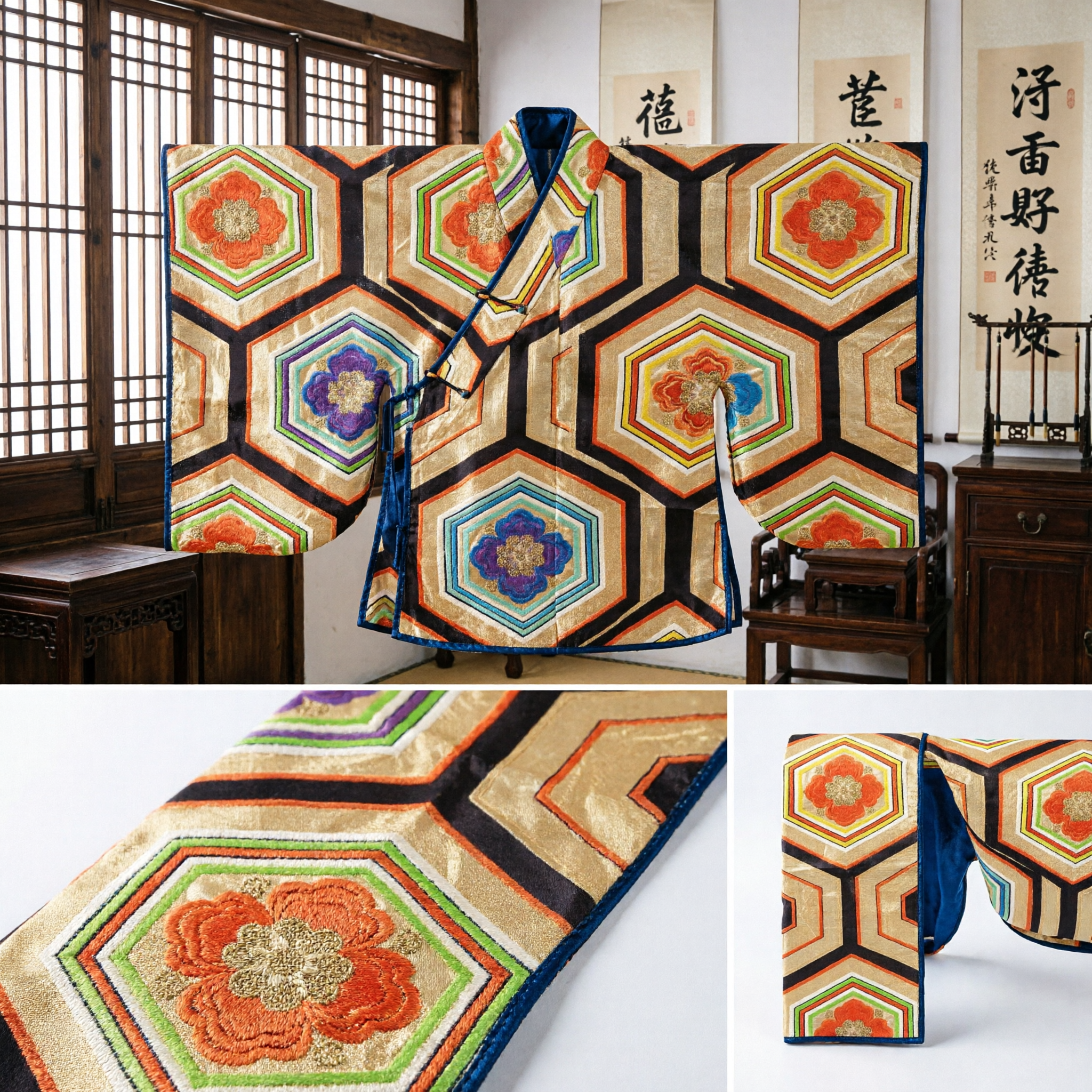 Traditional Asian Gold Brocade Sash with Hexagonal Floral Pattern for Hanfu Kimono Costume and Home Decor - Asian Costume