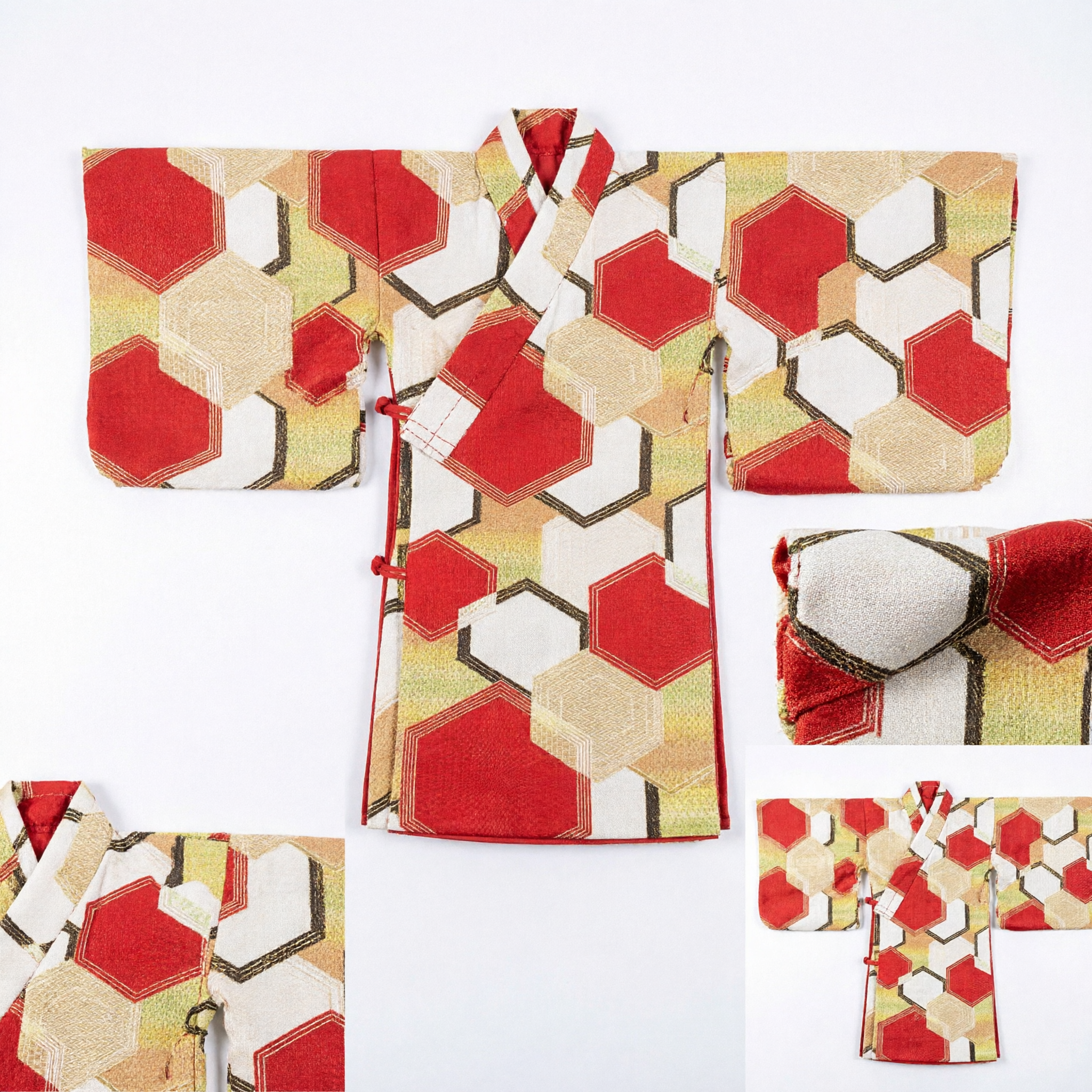 Faja de brocado asiática tradicional roja y dorada con diseño hexagonal para traje de cosplay de Geisha Kimono Hanfu - Asian Costume