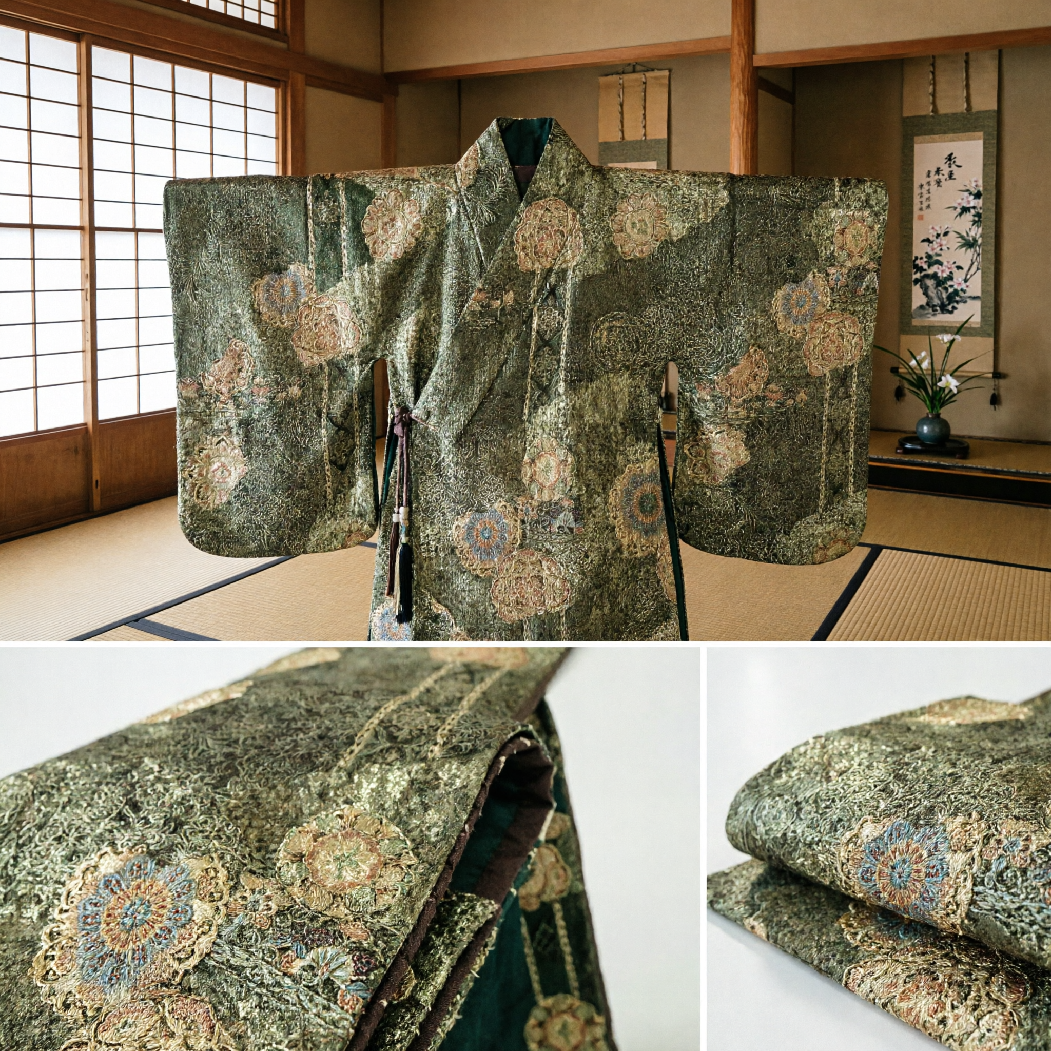 精巧なダークグリーン中国錦織腰帯ベルト、漢服・唐装伝統衣装アクセサリー用 - Asian Costume