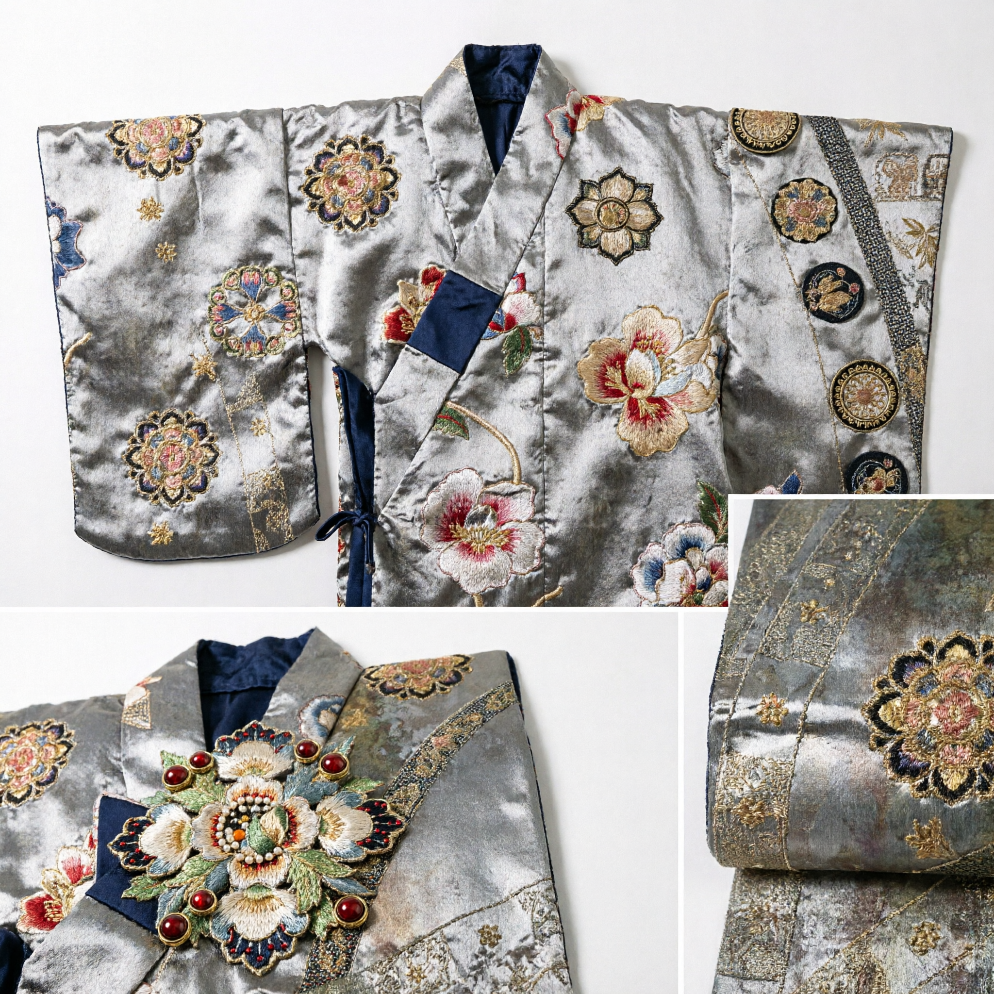 Traditionele Chinese Zijden Brokaatstof Grijs Goud Bloempatroon voor Hanfu Qipao Kostuum Maken - Asian Costume
