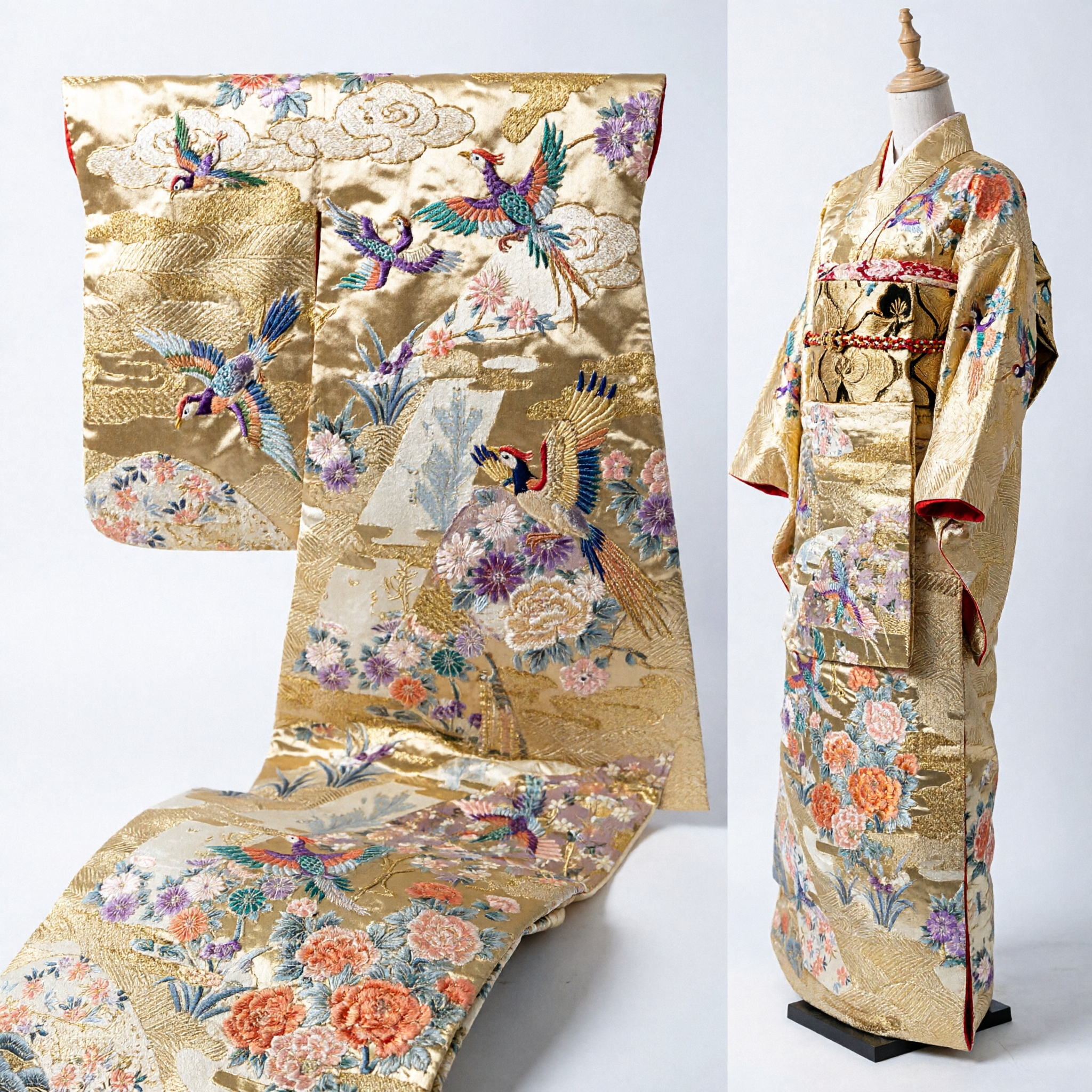 Faixa de Brocado Dourado Tradicional Chinesa com Padrão de Fênix e Peônia para DIY de Traje de Casamento Hanfu - Asian Costume