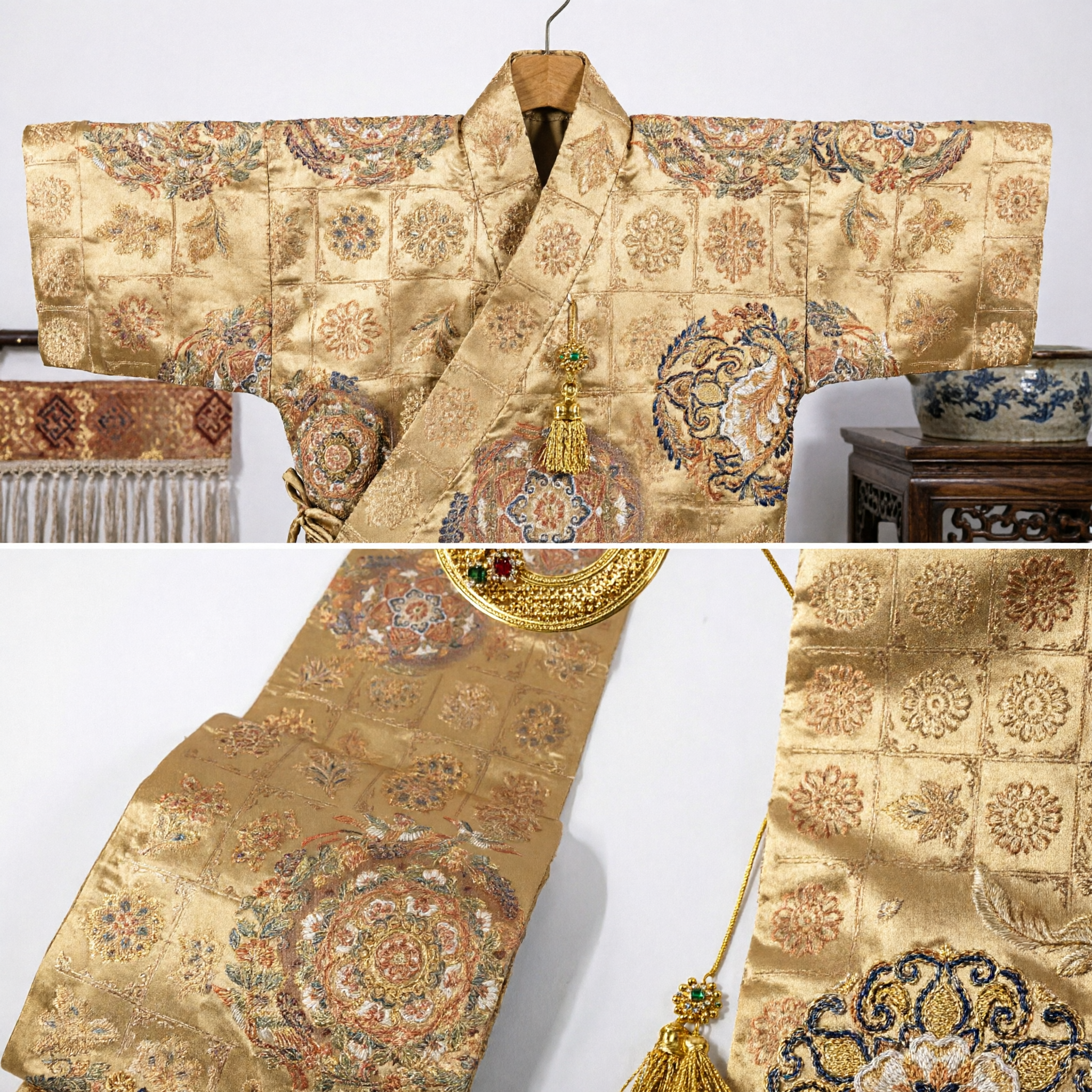 Traditionele Chinese Gouden Brokaat Zijden Stof met Bloem Medaillon Patroon voor Hanfu Gewaad en Kostuum DIY - Asian Costume
