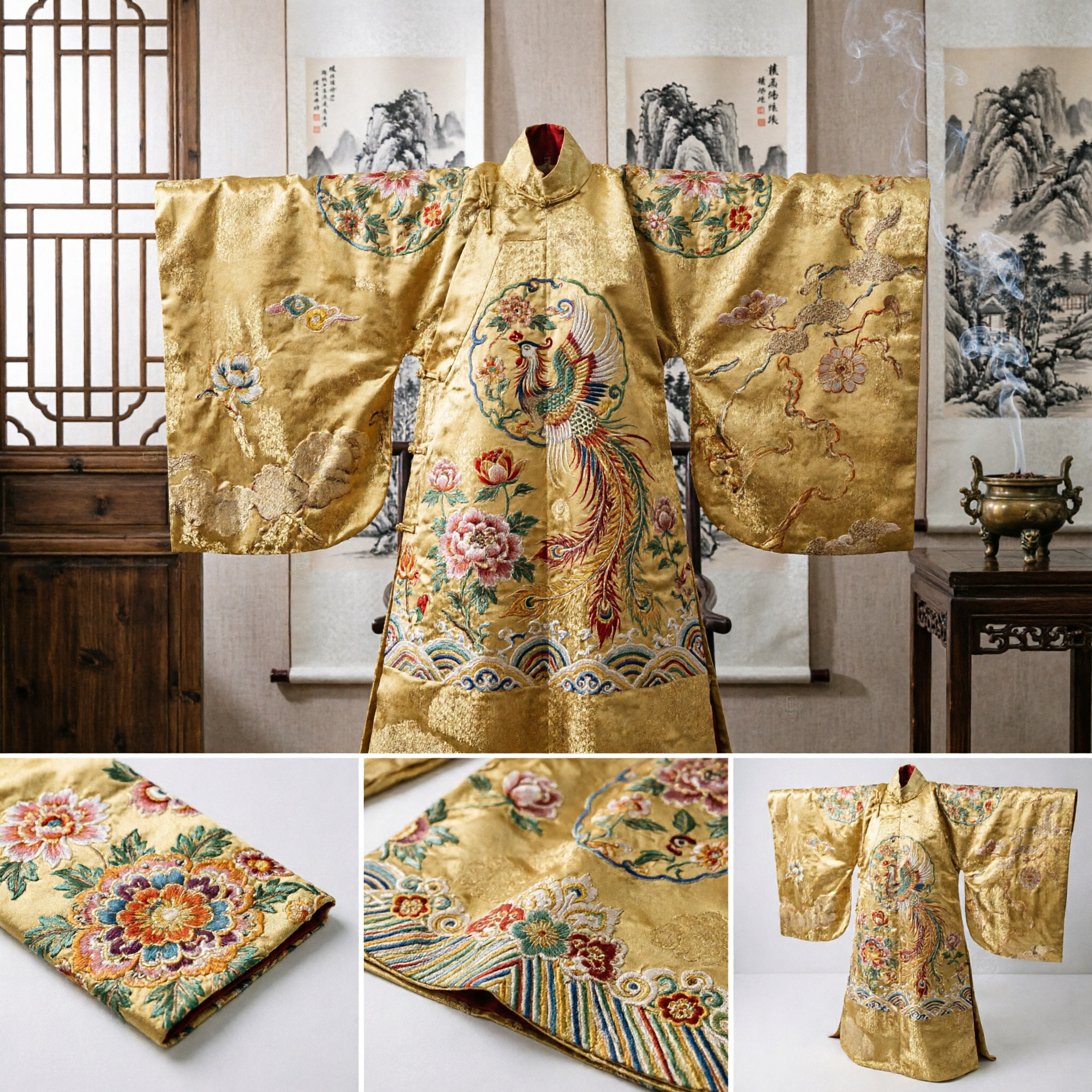 Klassieke Chinese Goud Groene Zijden Brokaatstof met Feniks en Bloemmotieven voor Traditionele Hanfu en Qipao - Asian Costume