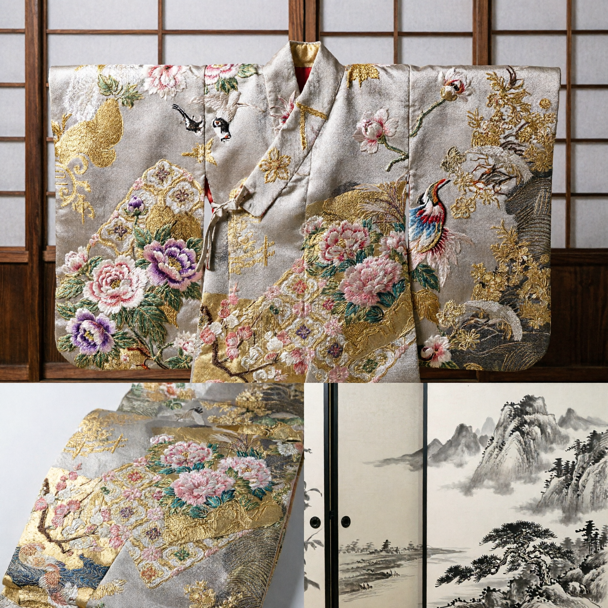 Tessuto broccato asiatico tradizionale di lusso motivo gru e peonia dorati materiale seta per confezione costumi Hanfu Kimono - Asian Costume