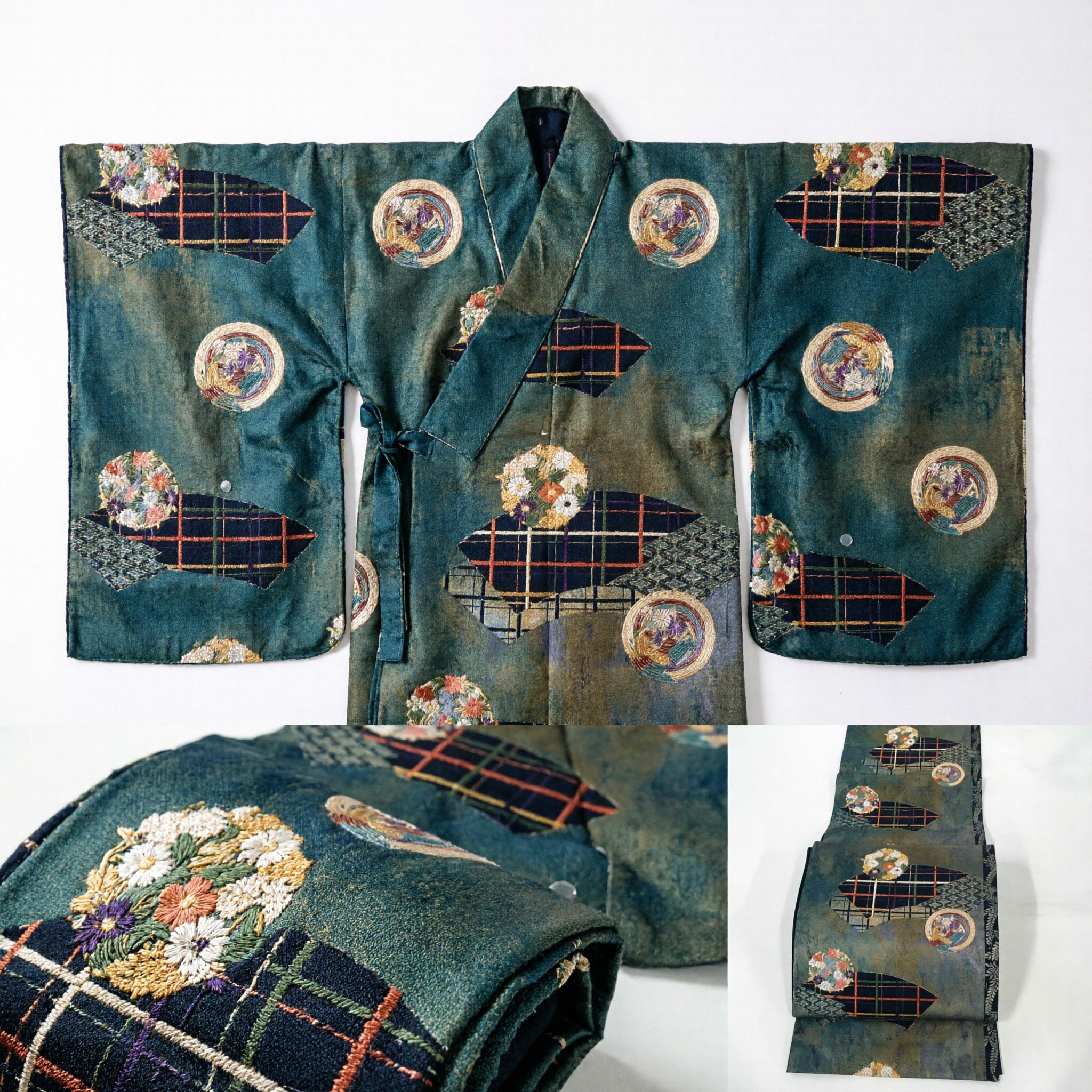 클래식 일본식 브로케이드 오비 띠 (꽃 메달리온과 기하학적 격자 디자인, 전통 기모노 착용용) - Asian Costume