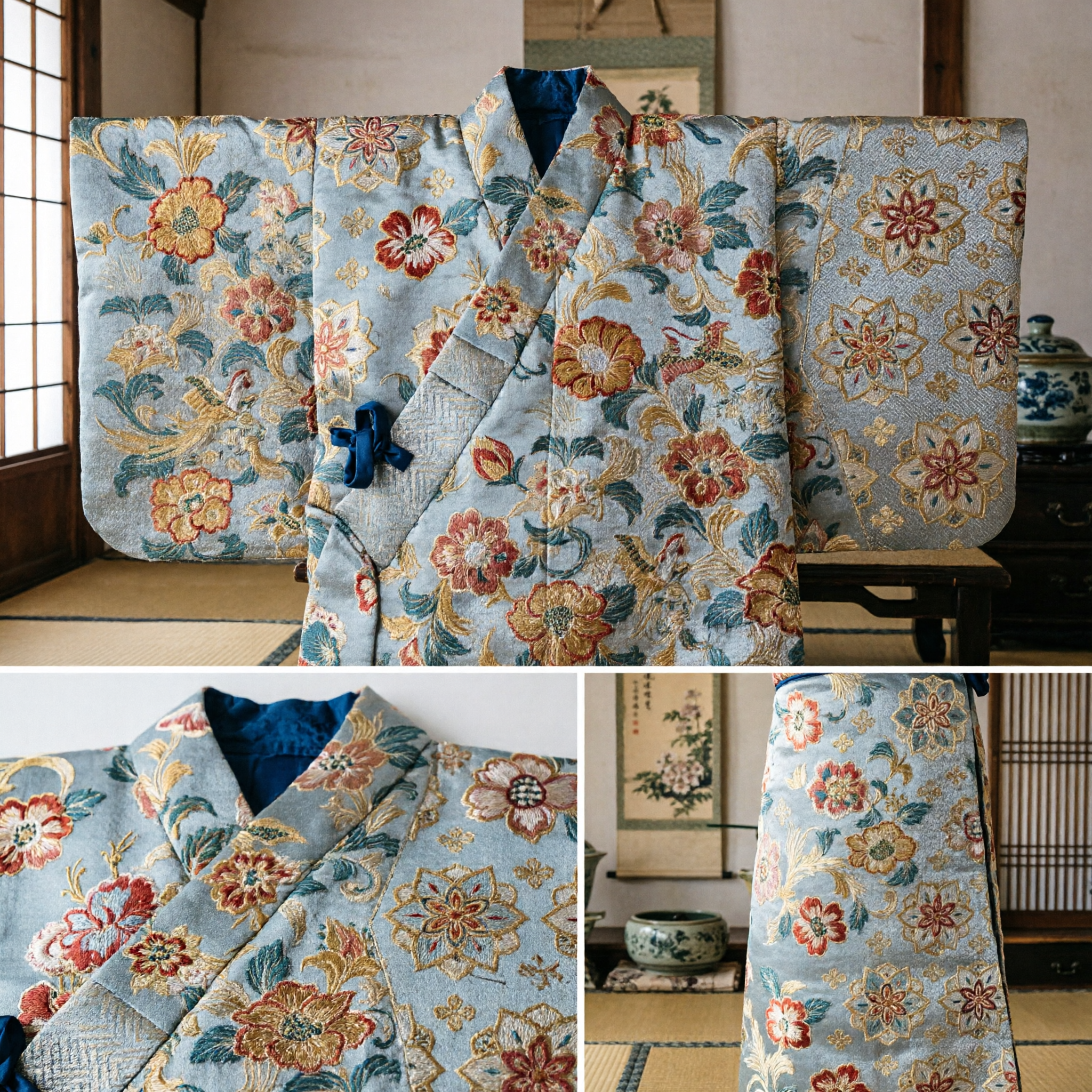 Traditionele Chinese Grijze Zijden Brokaat Stof met Gouden Bloempatroon voor Hanfu en Tang-pak Maken - Asian Costume