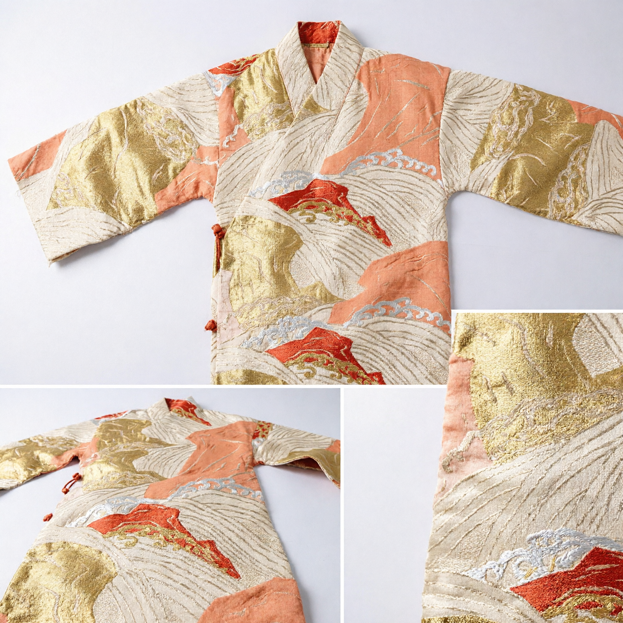 전통 아시아식 브로케이드 원단 (골드와 오렌지 파도 산악 패턴, 한푸 의상 띠 DIY용) - Asian Costume