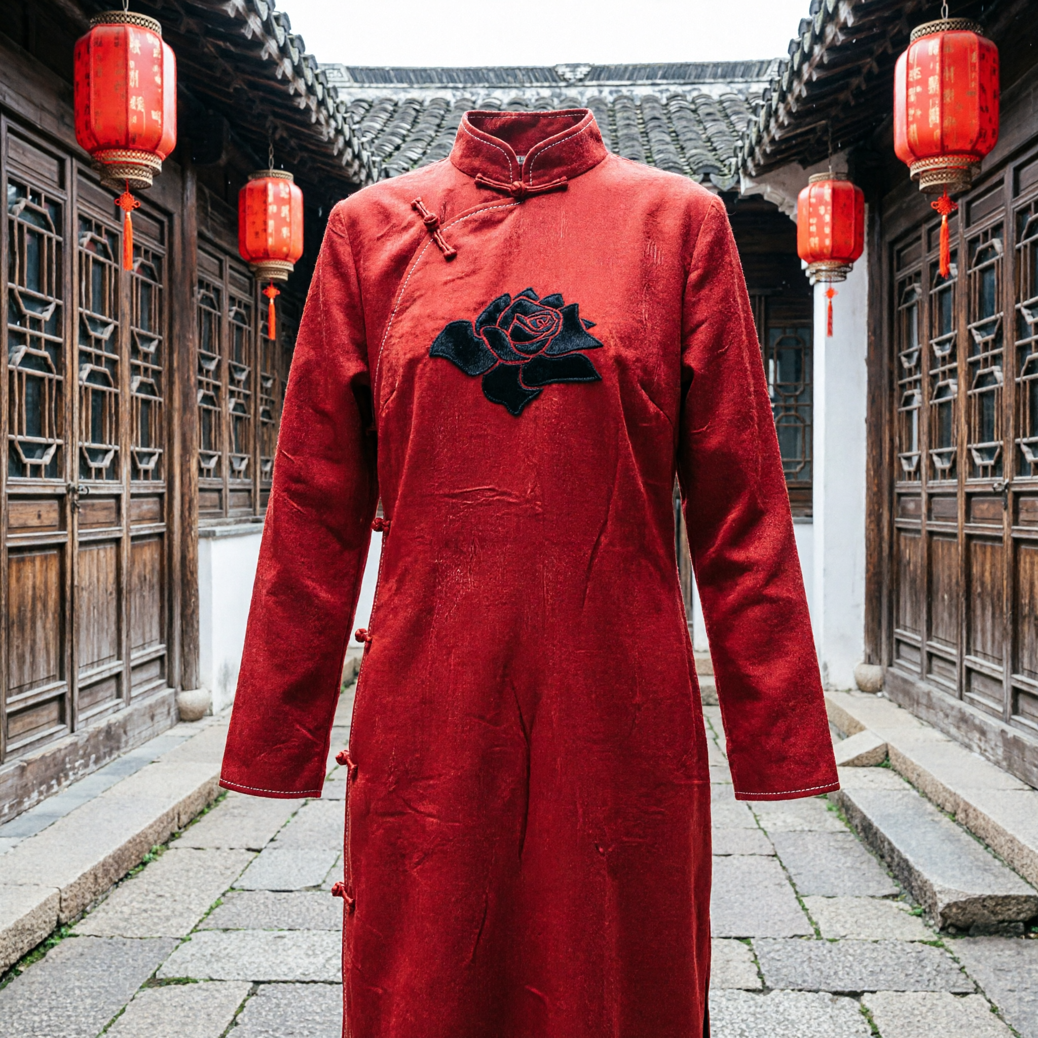 Traditional Chinese Red Silk Sash with Black Rose Motif Wedding Bridal Stole Folk Dance Performance Accessory - Asian Costume