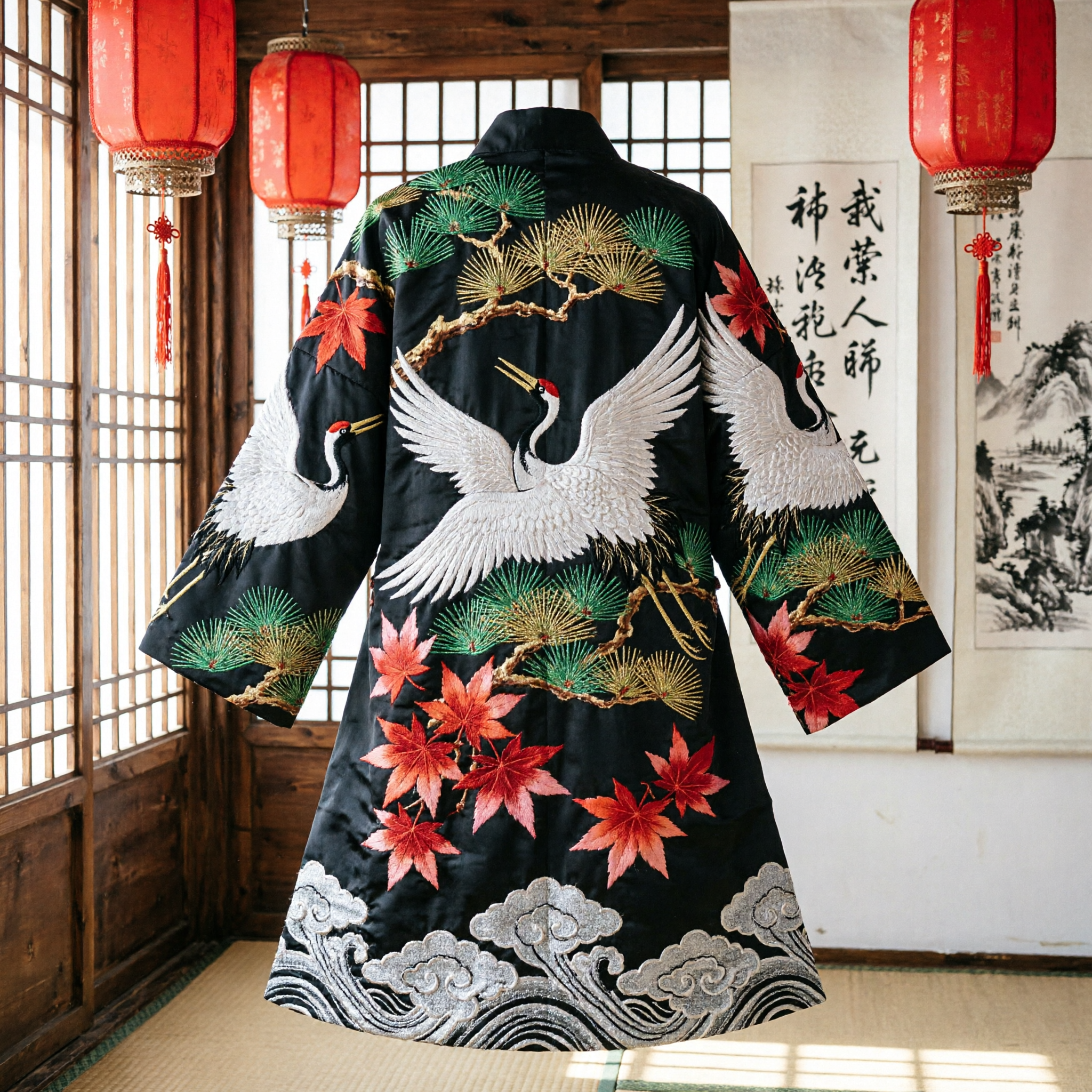 Traditionele Chinese Zwarte Zijden Sjaal met Gelukskraanvogel en Denneboompatronen voor Hanfu Kostuum Accessoires - Asian Costume