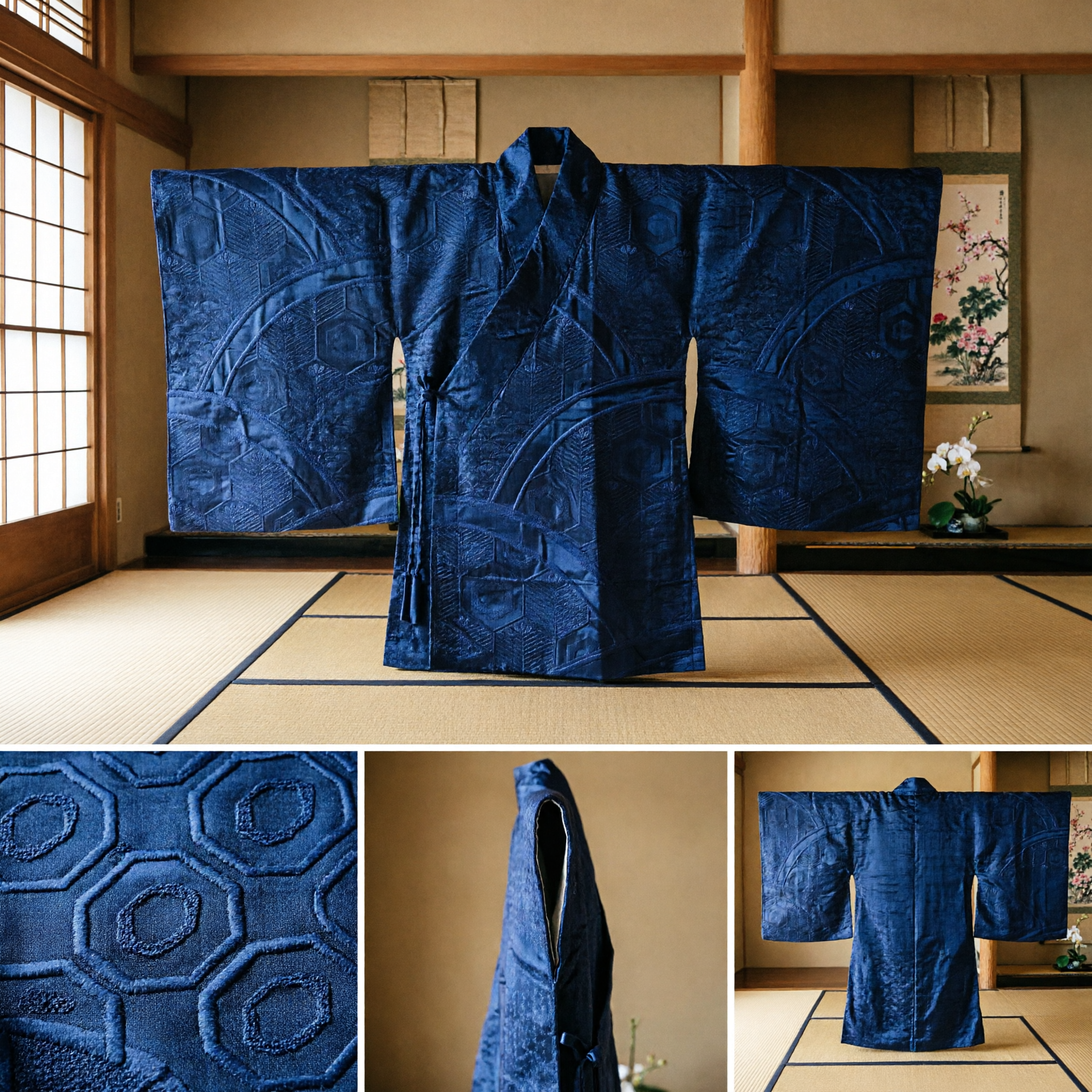نسيج آسيوي تقليدي أزرق بحري مزين بنمط سداسي الأضلاع وموجات لصنع أزياء الهانفو والكيمونو يدوياً - Asian Costume