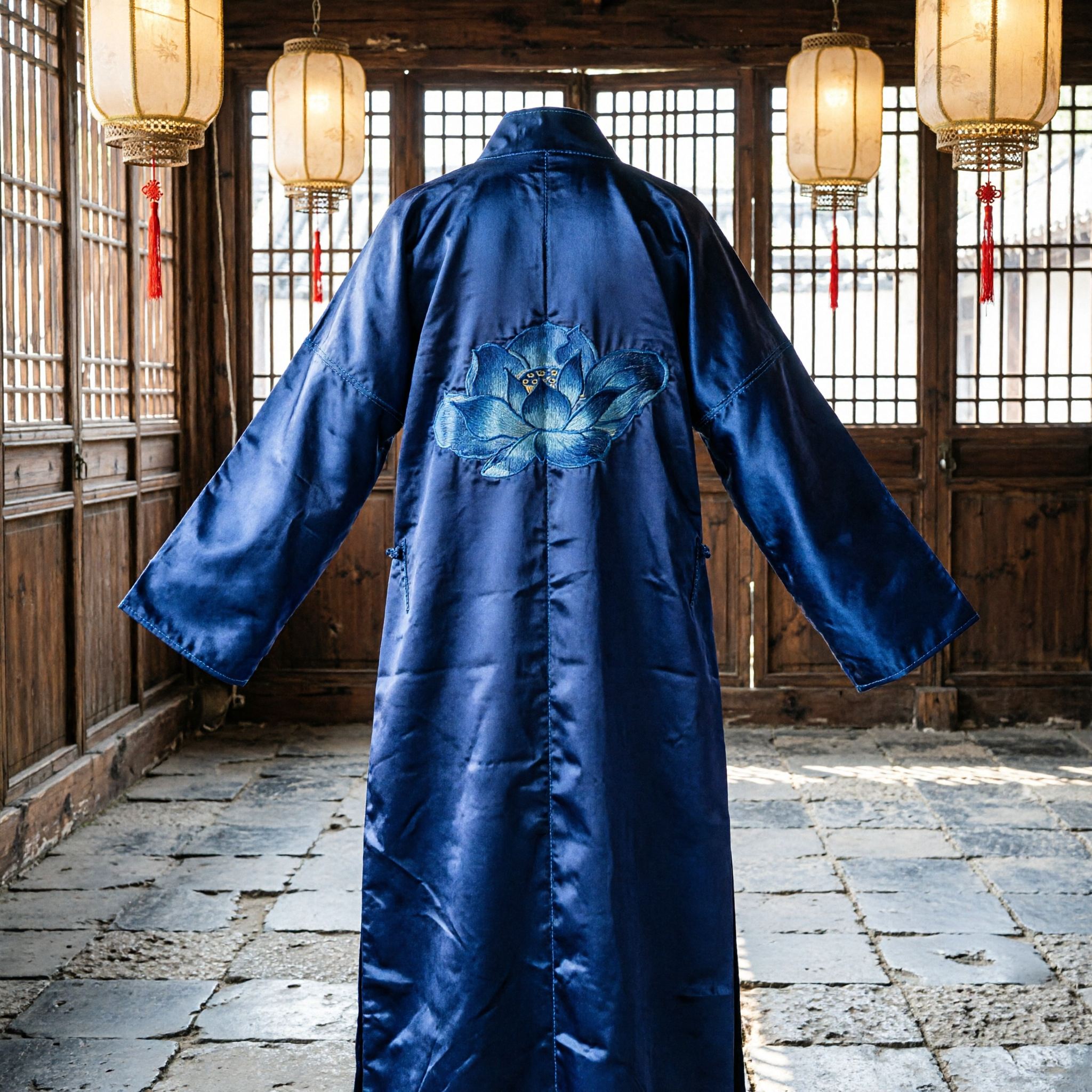 전통 중국식 파란색 실크 로브 (꽃 자수) 긴 한푸 코트 (성인 무대 공연용) - Asian Costume