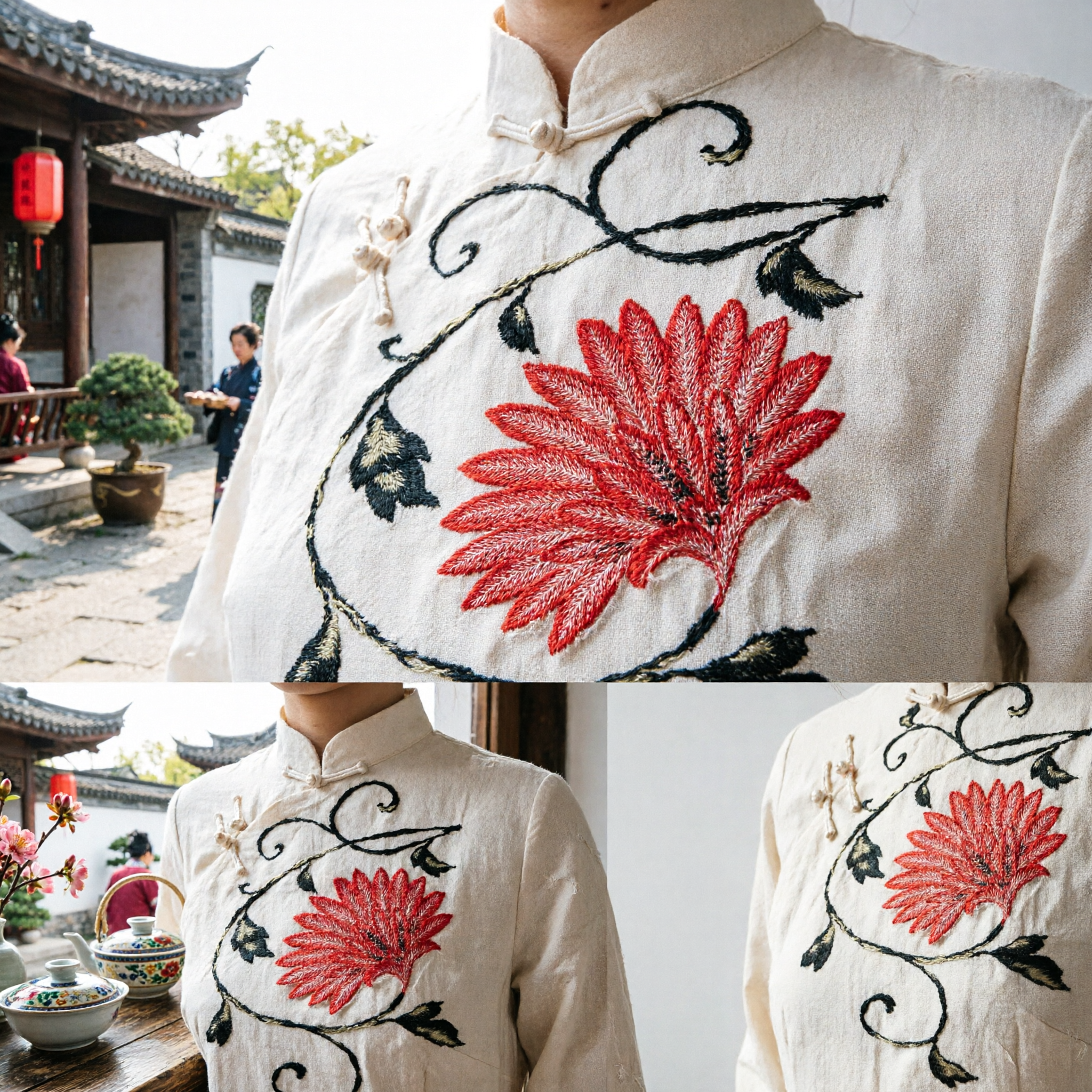 Traditionele Chinese Hanfu borduursjerp witte zijden sjaal met rood bloemendesign kostuumaccessoire voor vrouwen - Asian Costume