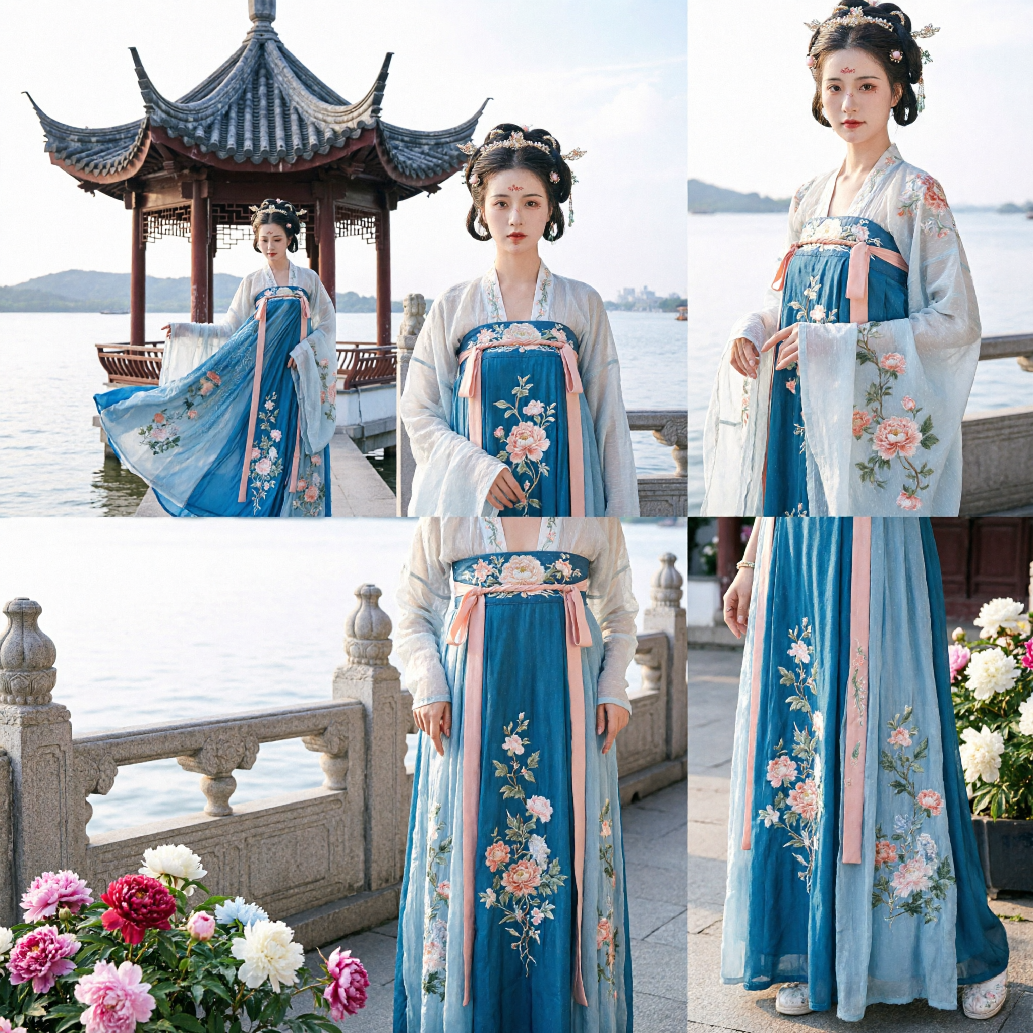 Elegancka niebieska suknia Hanfu z dynastii Tang – tradycyjny chiński haftowany kostium kwiatowy dla kobiet na fotografię i cosplay - Asian Costume