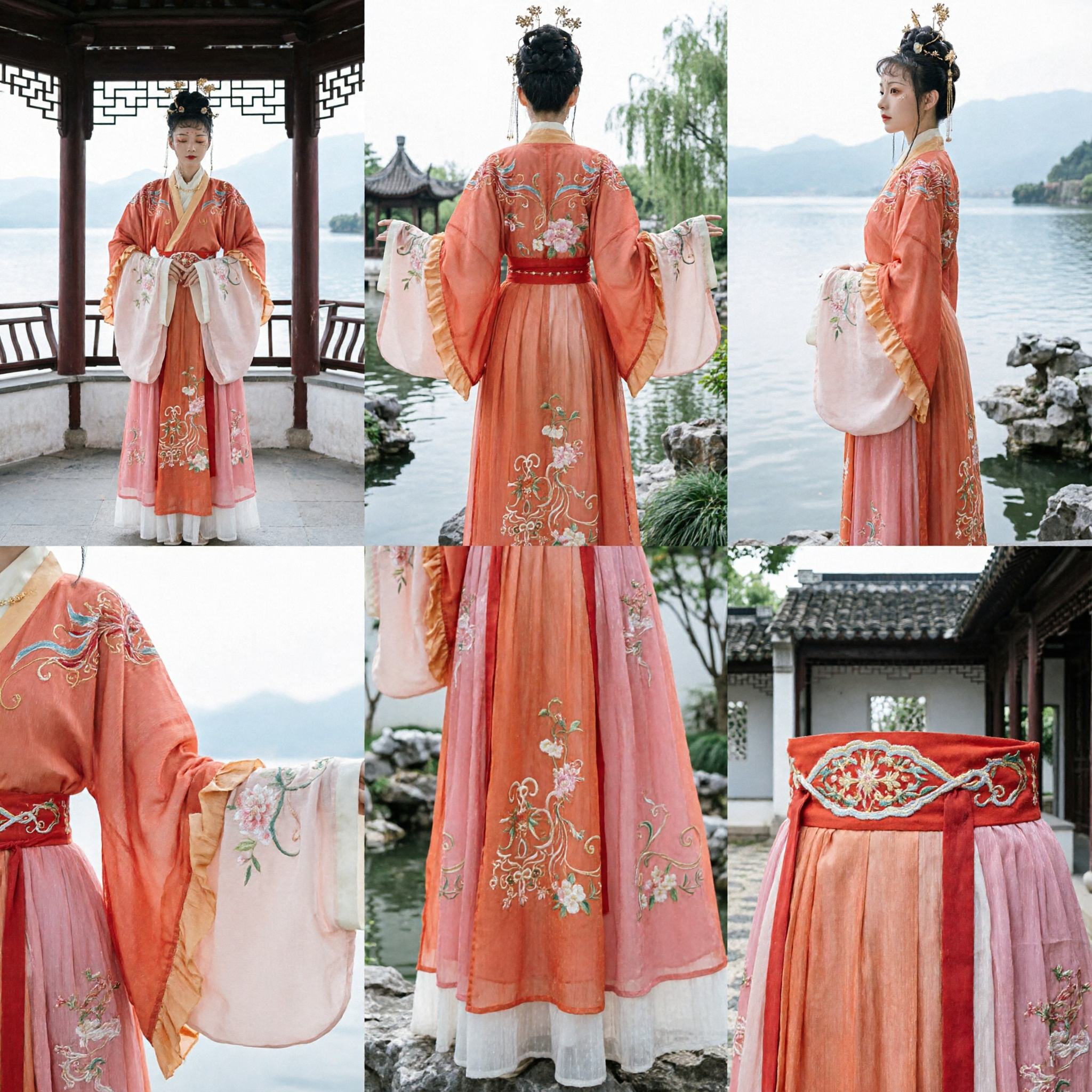 Costume ancien Hanfu traditionnel chinois élégant pour femmes, robe brodée à dégradé orange pour séance photo - Asian Costume