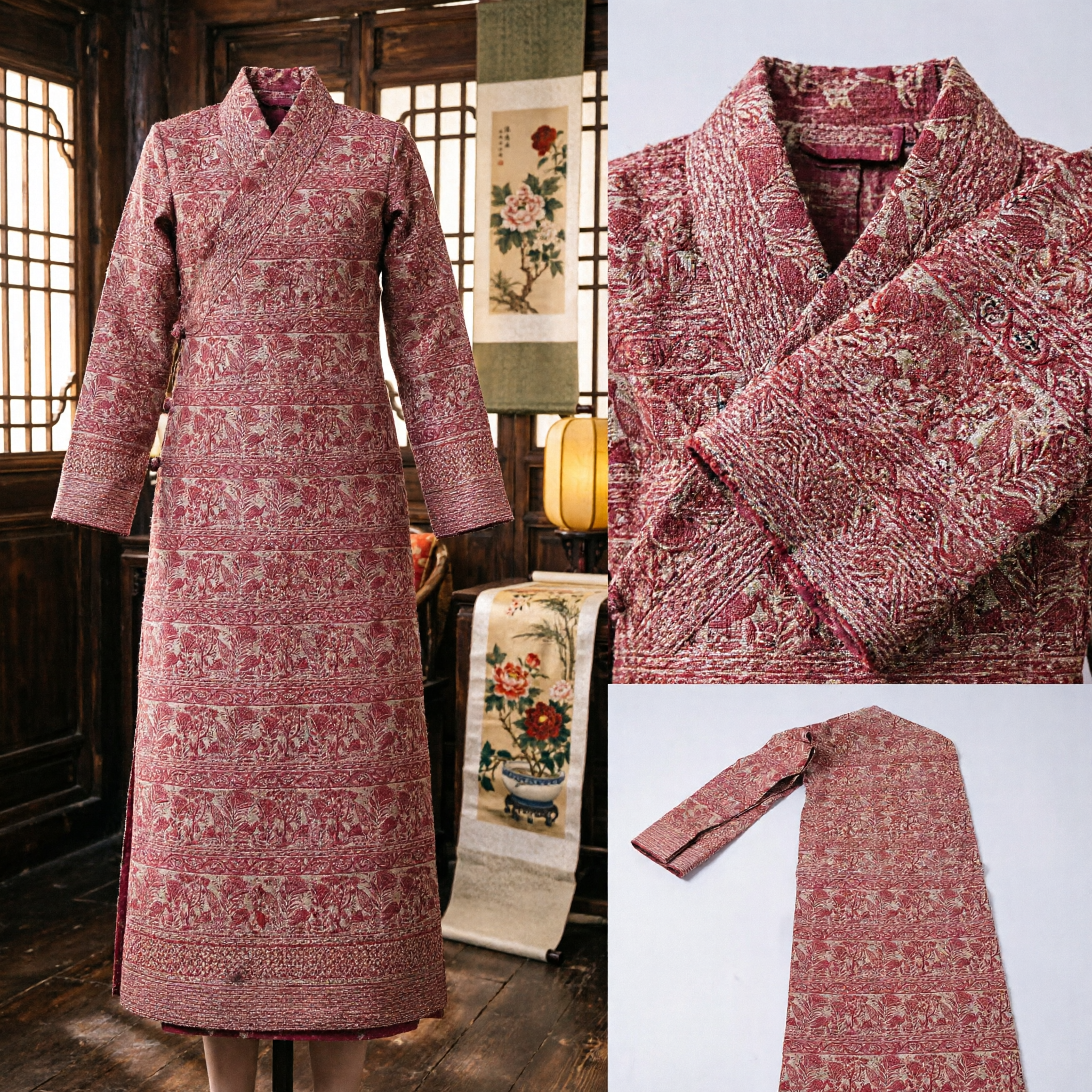 Традиционный китайский красный пояс с цветочным узором и птицами для аксессуаров костюма Ханьфу и культурных мероприятий - Asian Costume