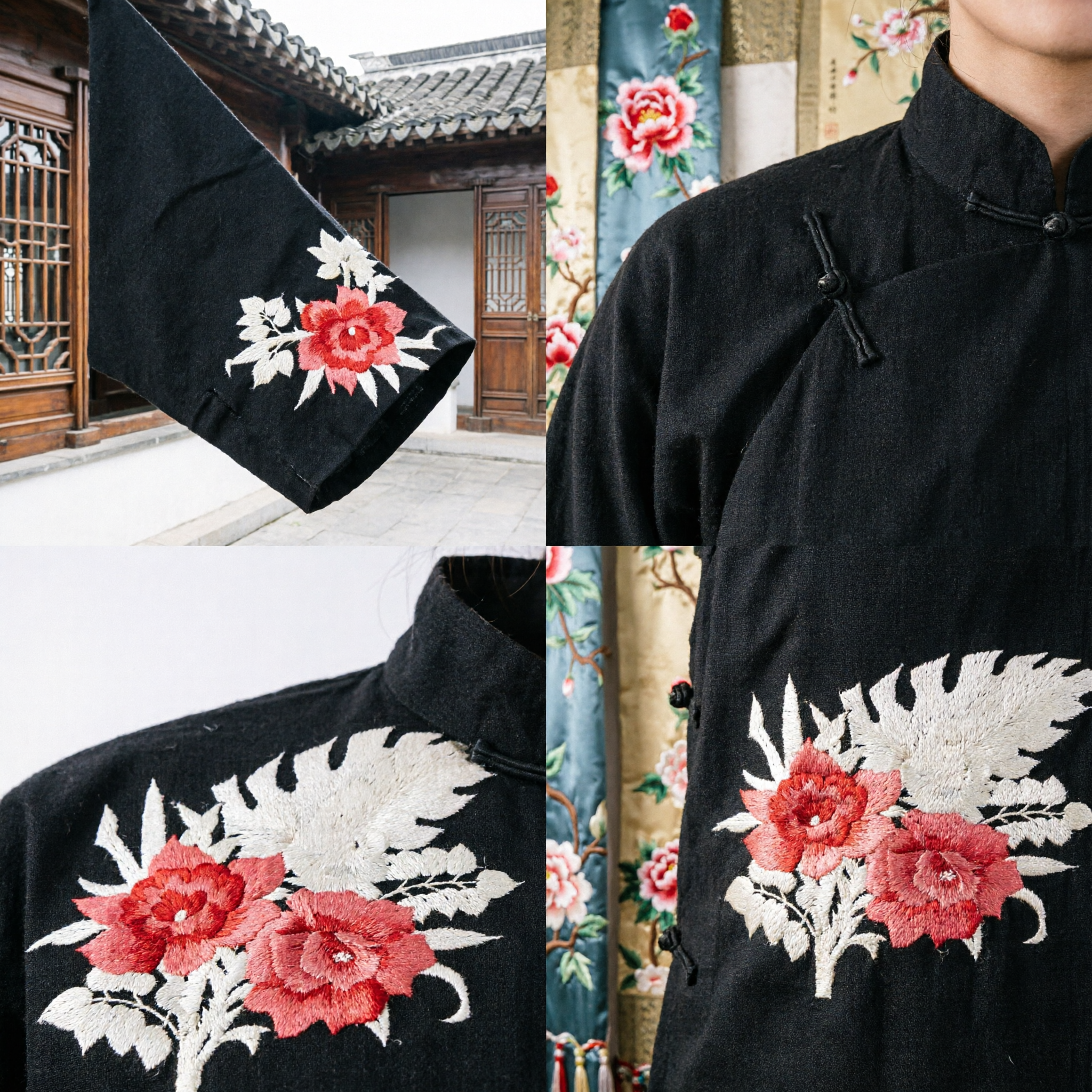 Traditional Chinese Black Embroidered Floral Sash for Hanfu Qipao Wedding Costume Accessory for Women - Asian Costume