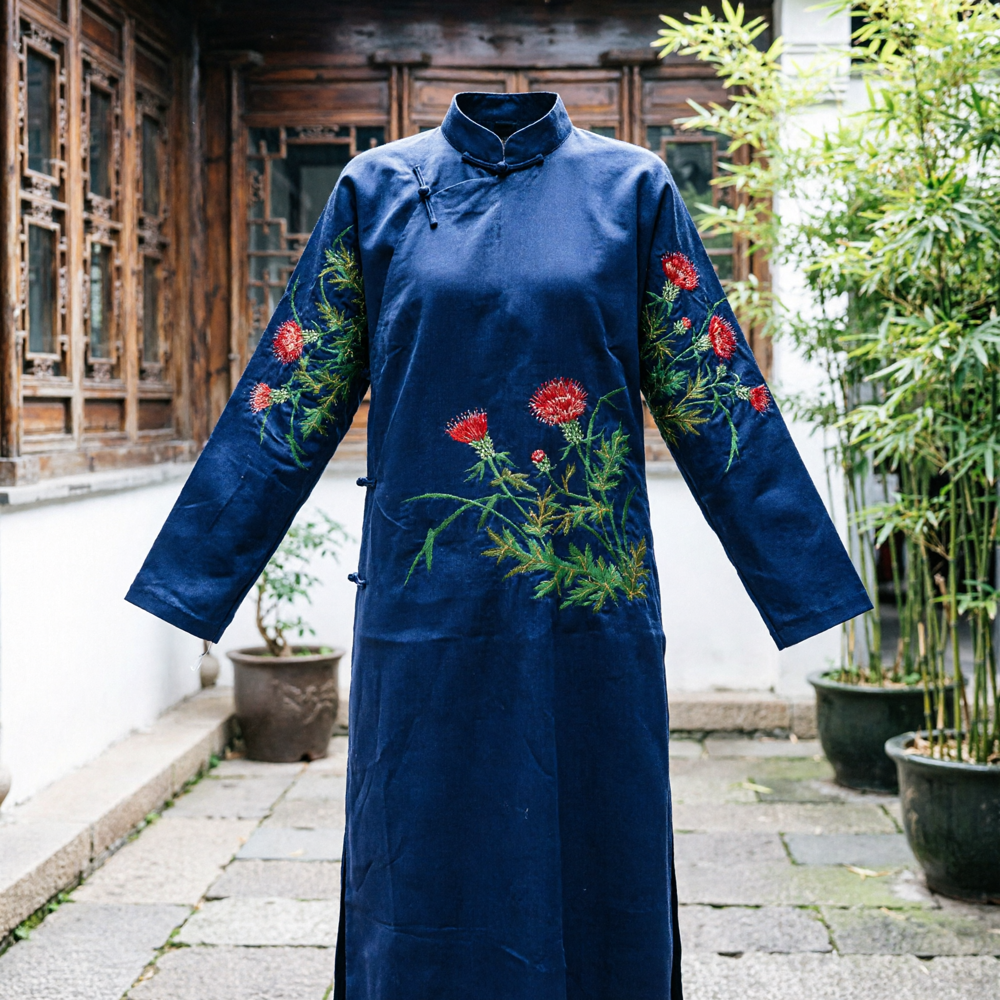 Traditioneller chinesischer marineblauer bestickter Seiden-Gürtel-Stola für Hanfu-Kostüm und Opernaufführungen - Asian Costume