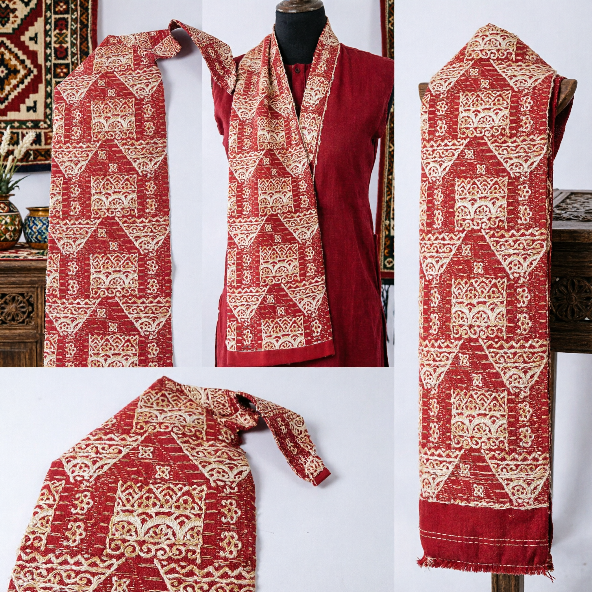 Faixa de Cintura de Brocado Vermelha Tradicional Chinesa com Padrões Dourados para Acessório de Traje de Dança Tibetana Hanfu - Asian Costume