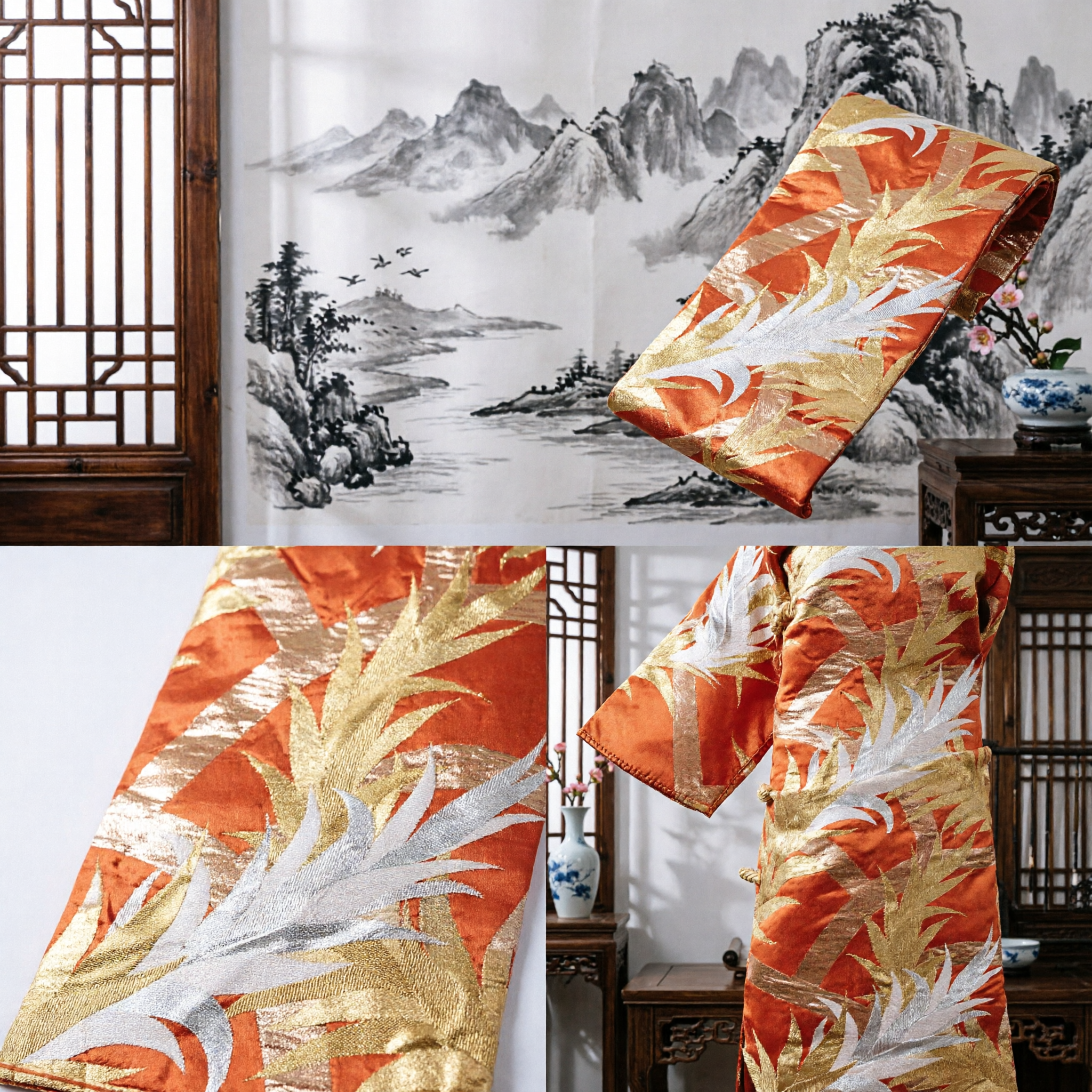 Traditional Chinese Orange Brocade Sash with Gold and White Phoenix Feather Pattern for Hanfu Costume - Asian Costume