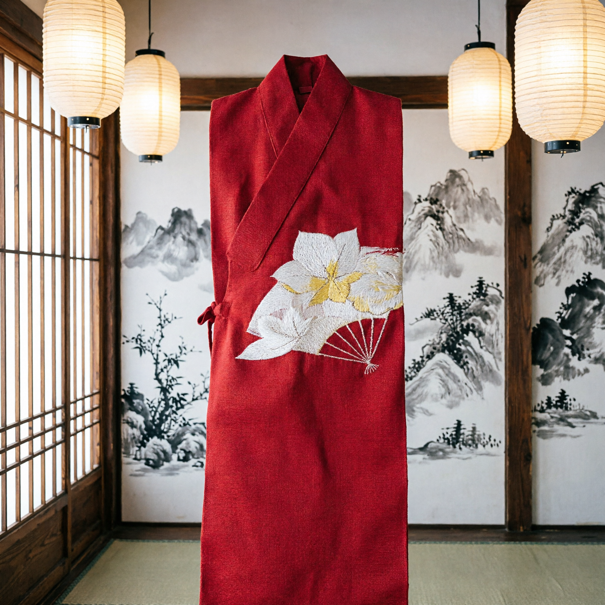 حزام تقليدي صيني من الحرير الأحمر مع تطريز أنيق للمروحة للنساء في زي الهانفو لحفلات الزفاف والرقص - Asian Costume