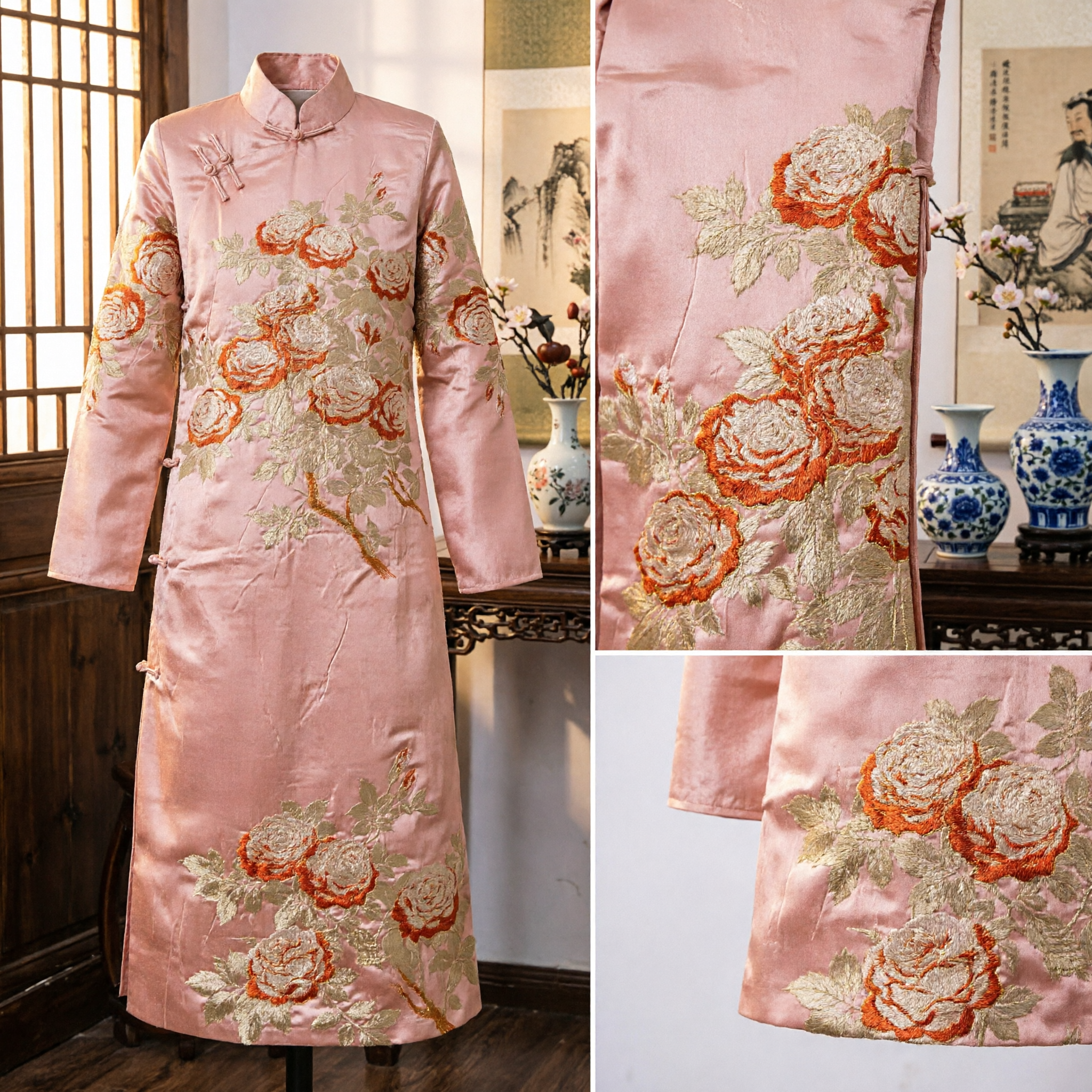 Traditional Chinese Pink Silk Cheongsam Dress Elegant Floral Peony Brocade Qipao Costume for Women - Asian Costume