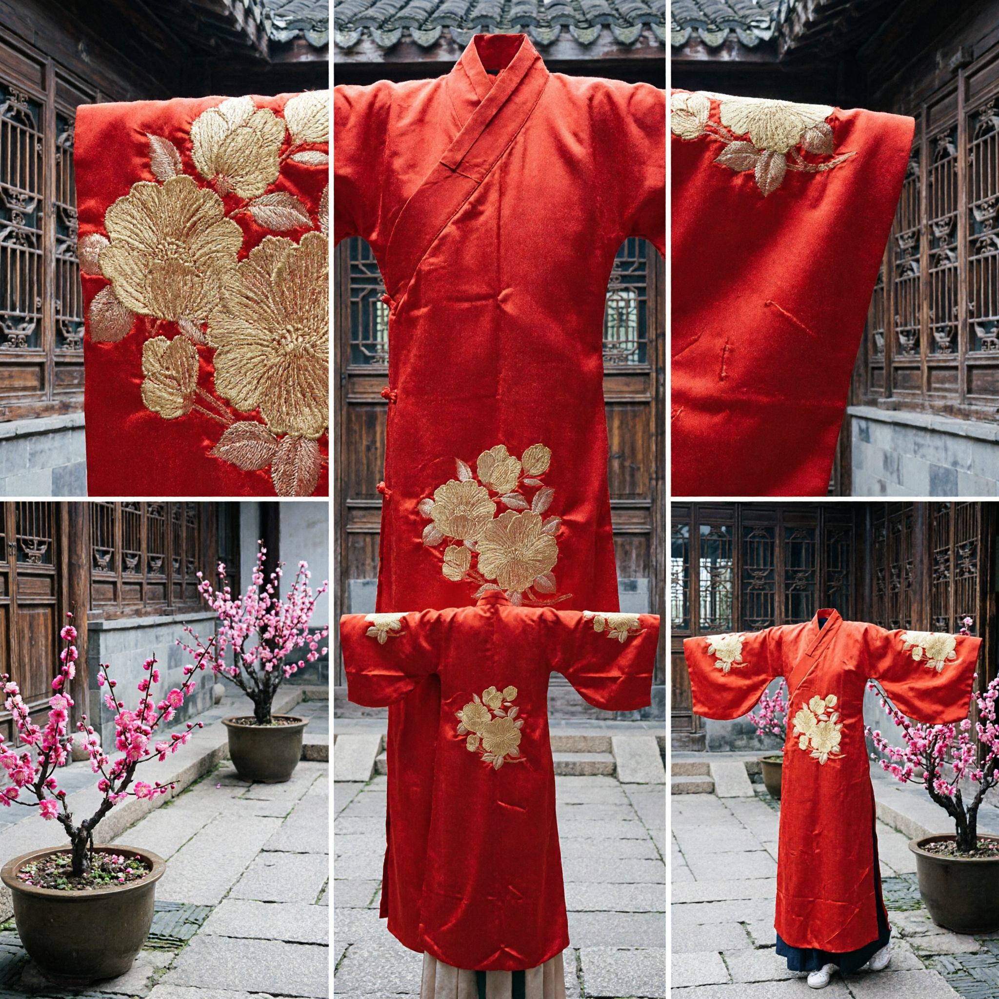 Traditional Chinese Red Hanfu Pibo Scarf Gold Floral Embroidery Silk Stole for Women Wedding Dance Performance - Asian Costume