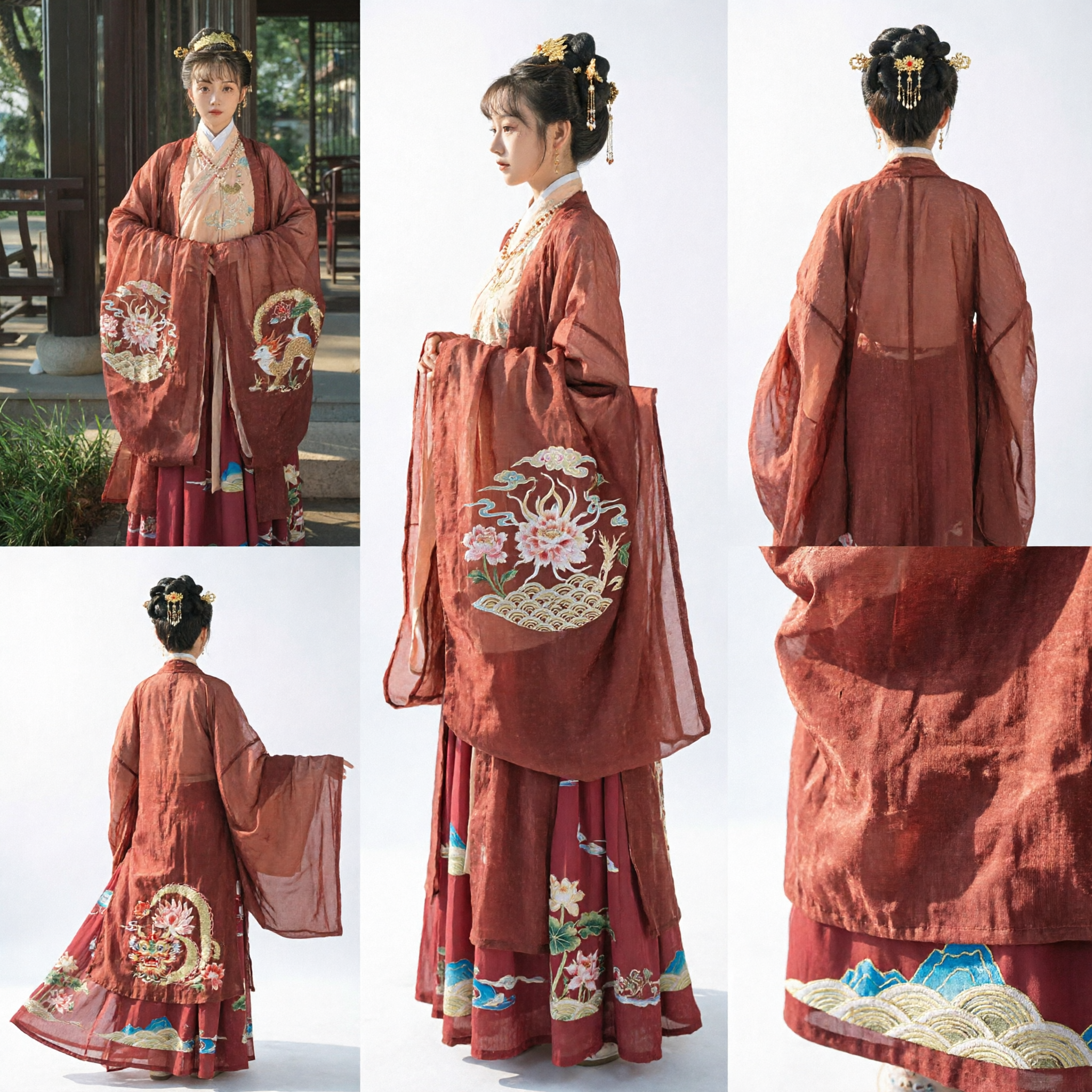 Costume Hanfu Cinese Tradizionale, Abito da Principessa Antica Dinastia Tang con Maniche Ampie Ricamate Rosso per Donna - Asian Costume