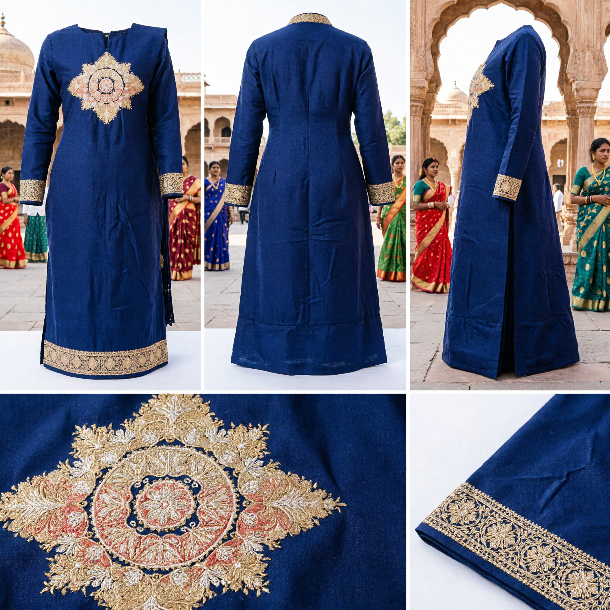 Châle en soie bleu marine traditionnel chinois avec broderie dorée pour costumes Hanfu et culturels - Asian Costume