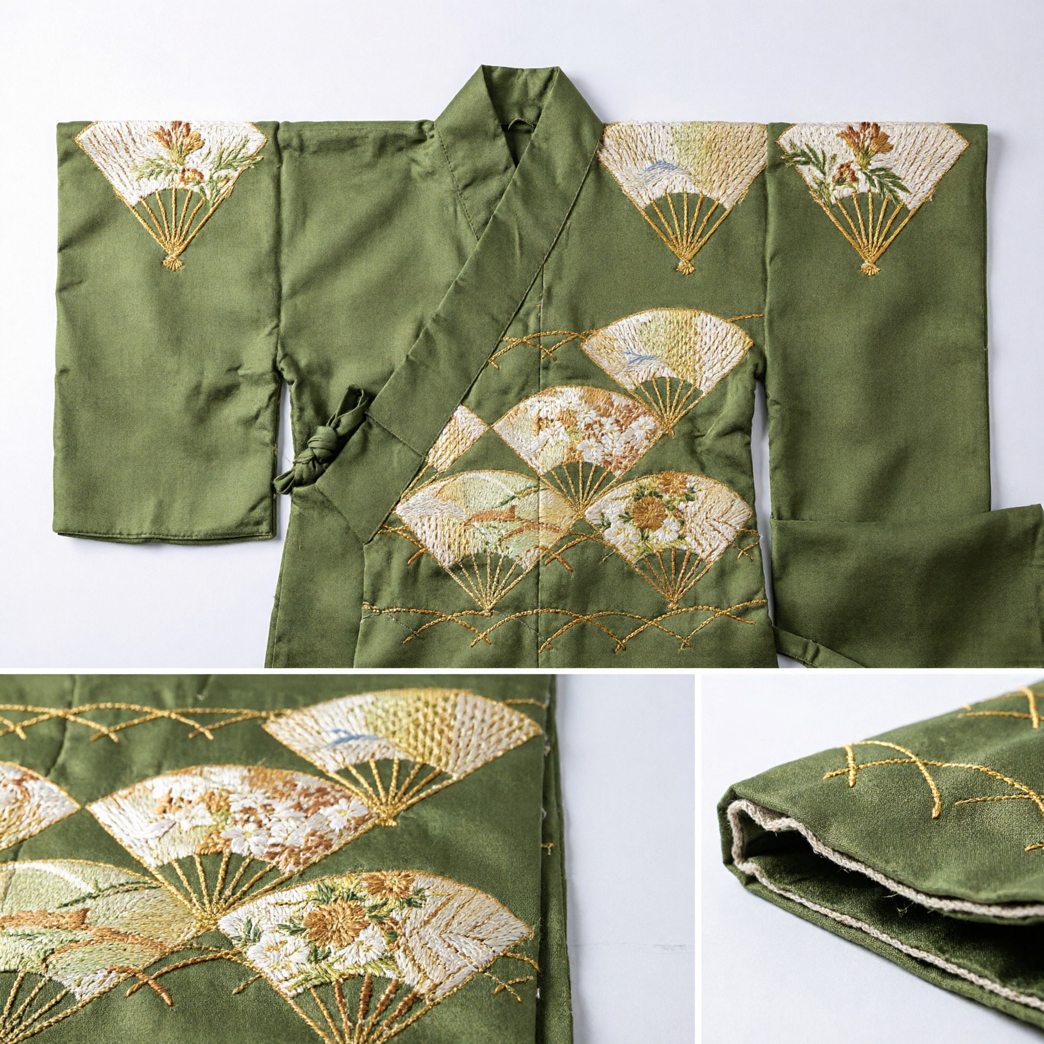 Obi Kimono Giapponese Elegante Verde Oliva con Ricamo Dorato a Ventaglio per Occasioni Formali Tradizionali Donna - Asian Costume