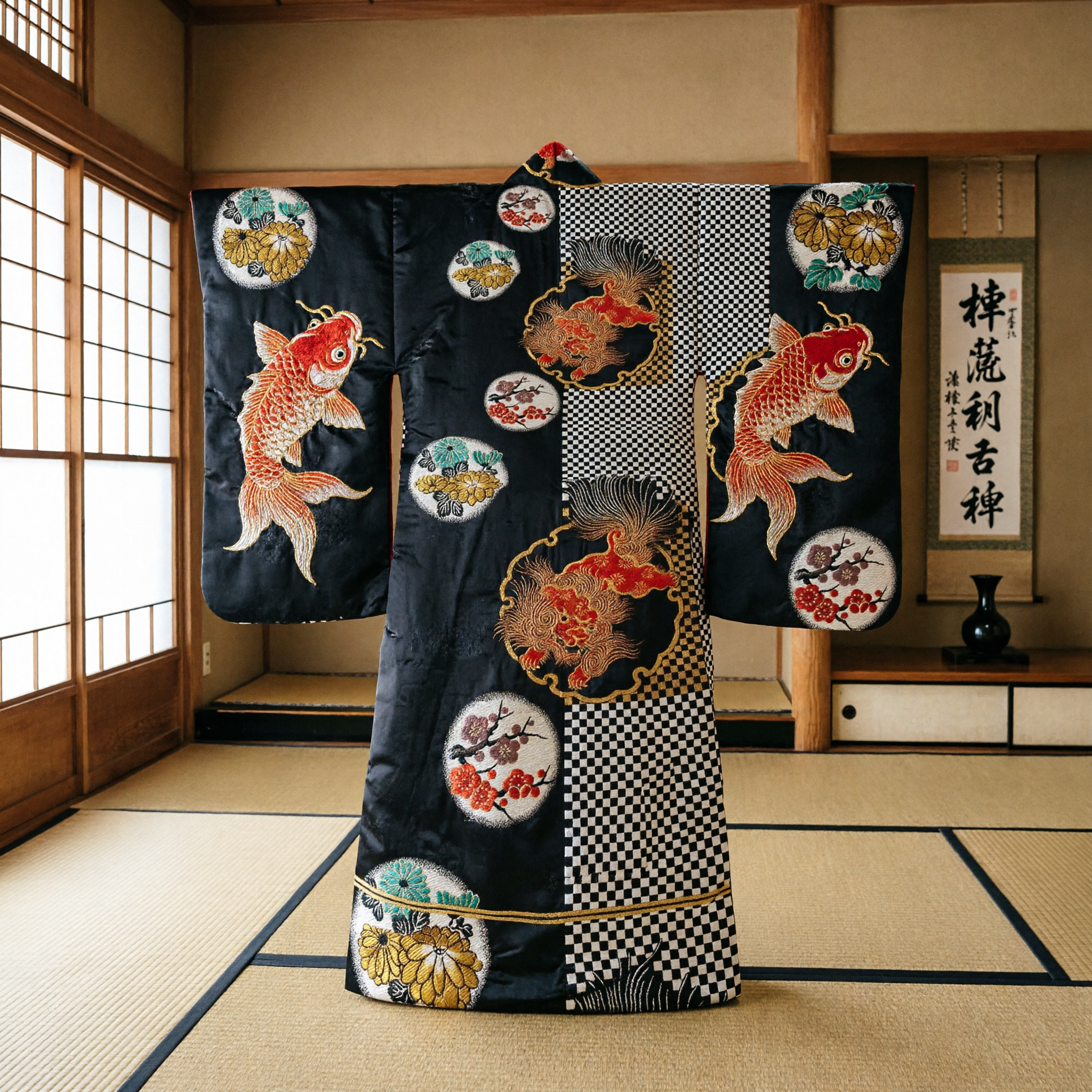 Faja Negra China Tradicional con Bordado de Fénix Dorado y Medallones Florales para Traje Hanfu - Asian Costume