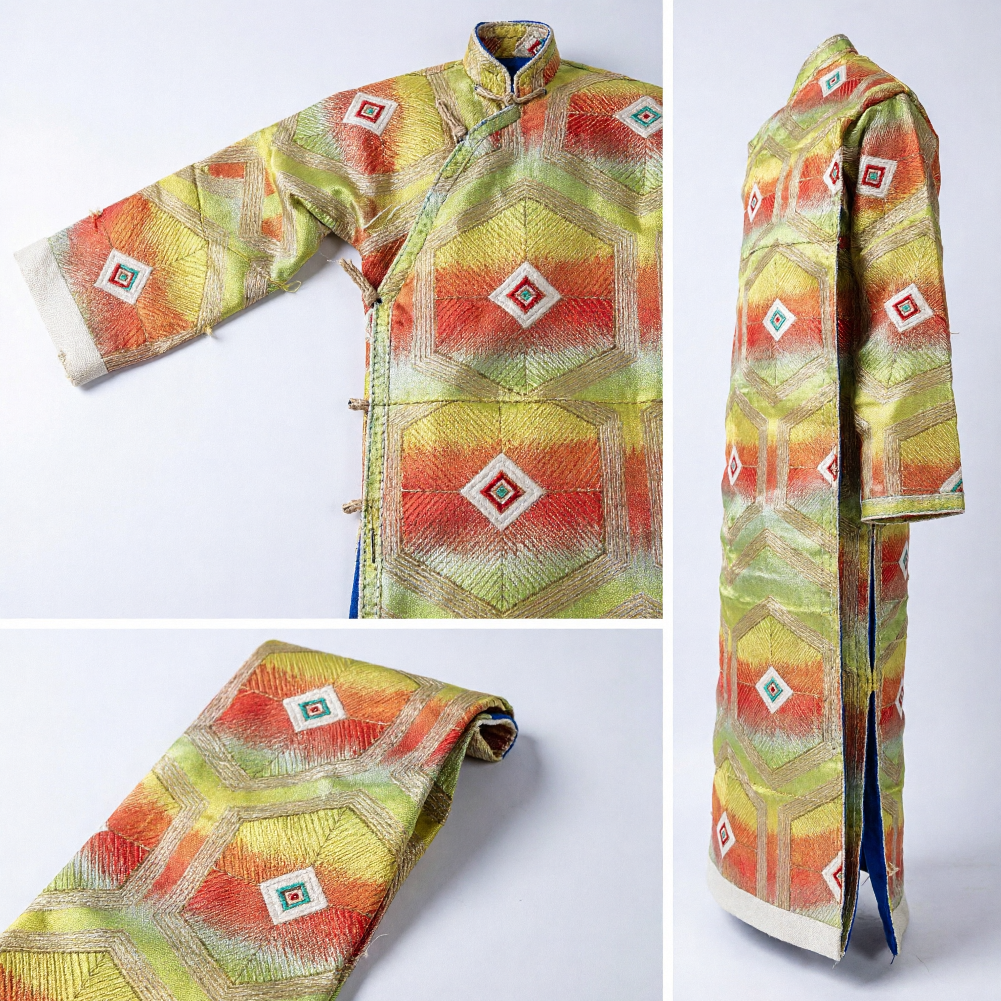 Faixa de Brocado Tradicional Chinesa Amarela e Verde com Padrão Geométrico para Traje de Dança Folclórica Tibetana - Asian Costume