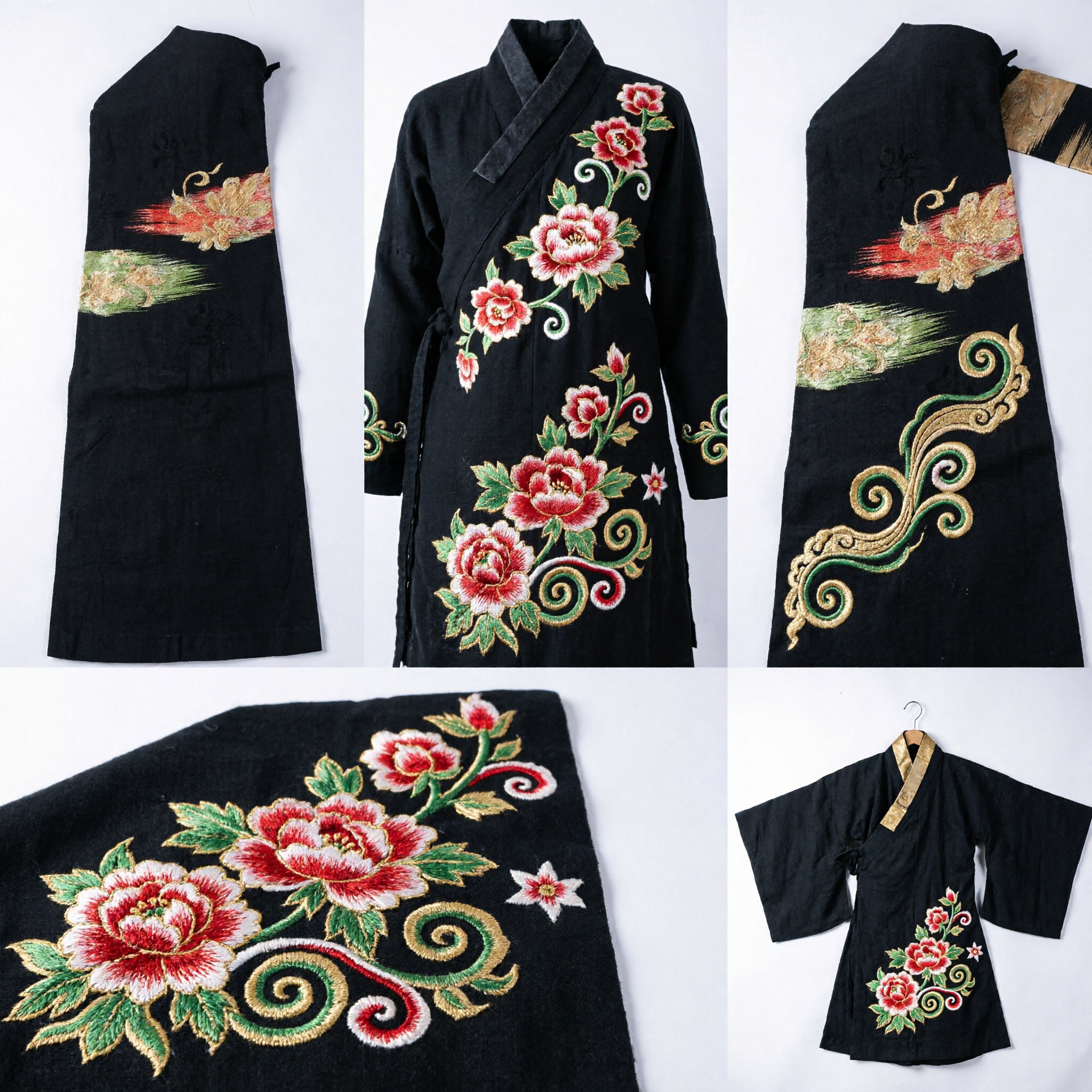 Traditional Chinese Hanfu Black Embroidered Waist Sash with Floral Motifs Ancient Costume Accessory for Men and Women - Asian Costume