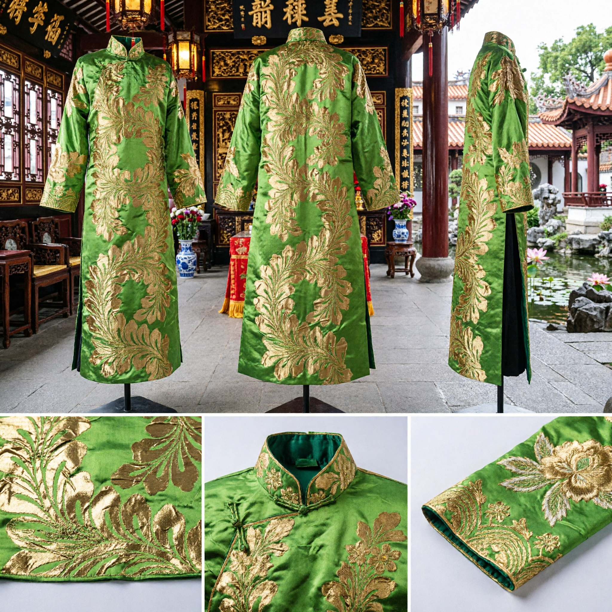 Faixa de Seda Verde Tradicional Chinesa com Bordado Dourado para Dança Folclórica e Acessórios de Traje Hanfu - Asian Costume
