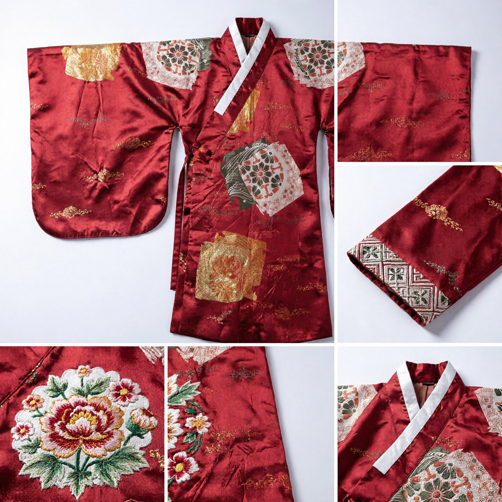 Tradycyjna azjatycka czerwona jedwabna szarfa brokatowa ze złotymi wzorami wachlarzy do kobiecego stroju Kimono i Hanfu - Asian Costume