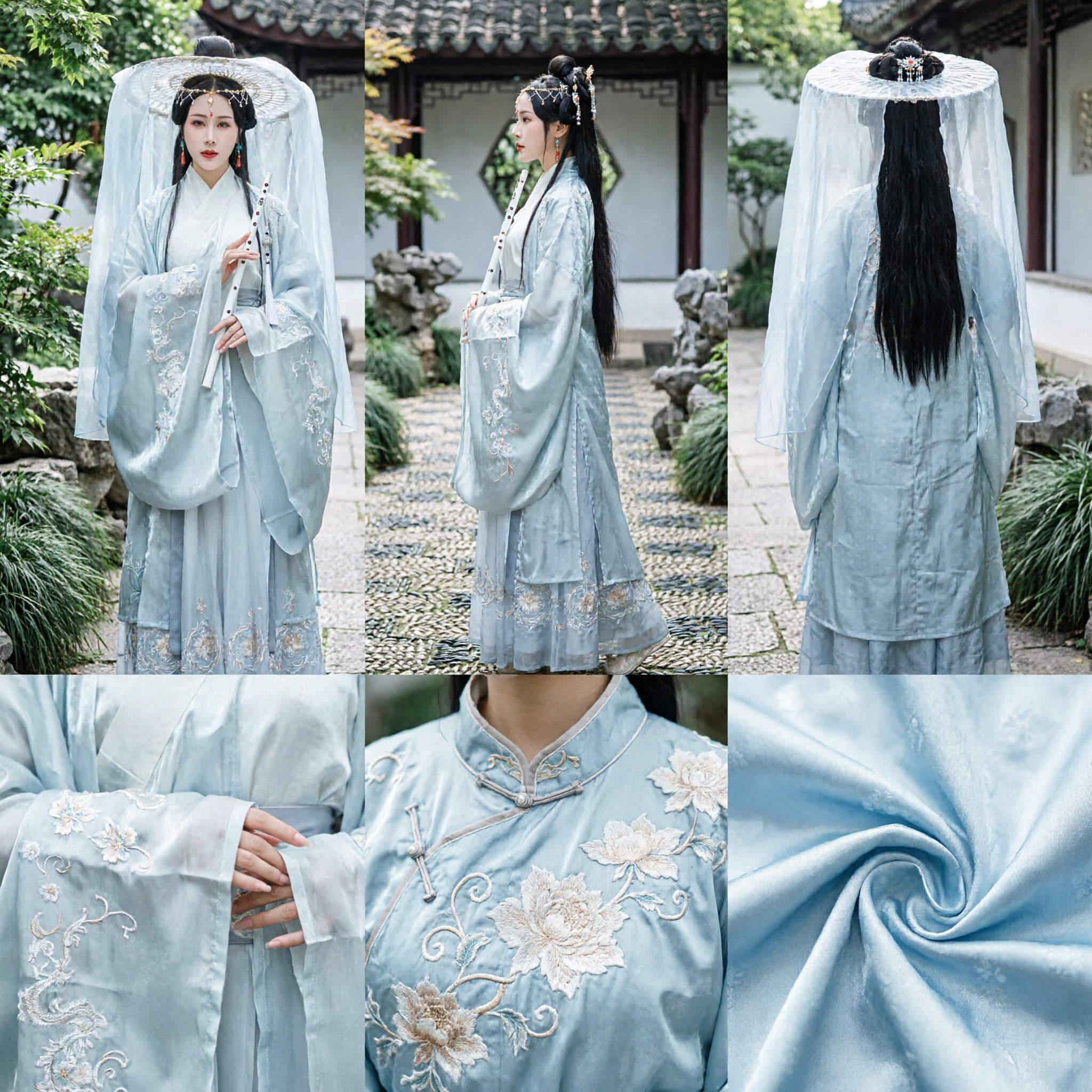 Costume Hanfu tradizionale dell'antica Cina per donne, abito da spadaccina Wuxia azzurro chiaro con set cappello velato - Asian Costume