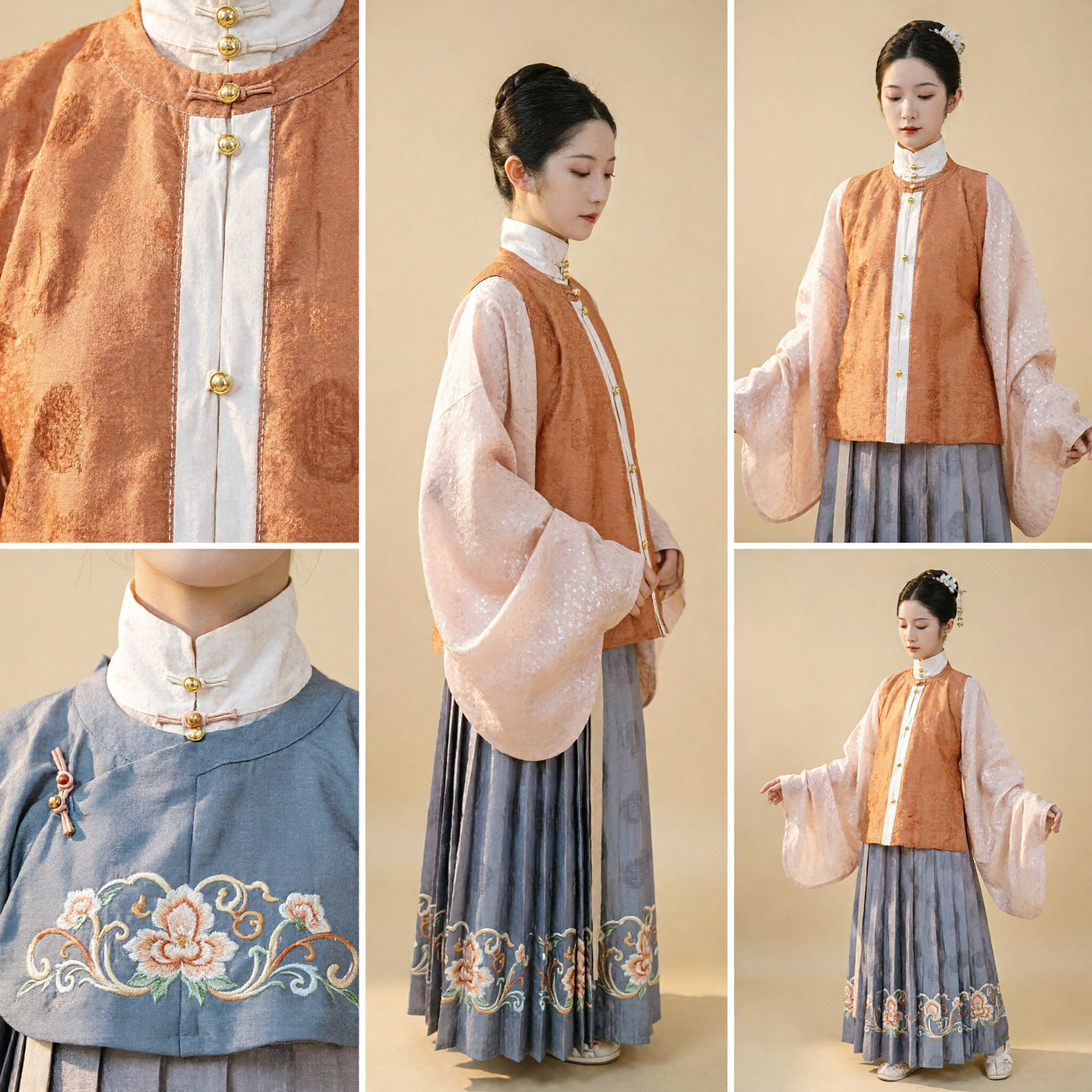 Traditional Chinese Hanfu Clothing for Women Ming Dynasty Style Orange Vest and Grey Pleated Skirt Set - Asian Costume