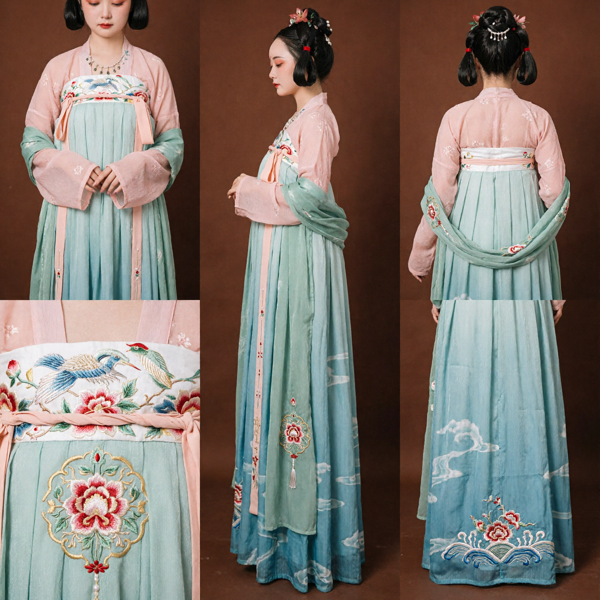 Traje Hanfu da Dinastia Tang Chinês Antigo, Vestido Tradicional Verde e Rosa para Mulheres - Asian Costume