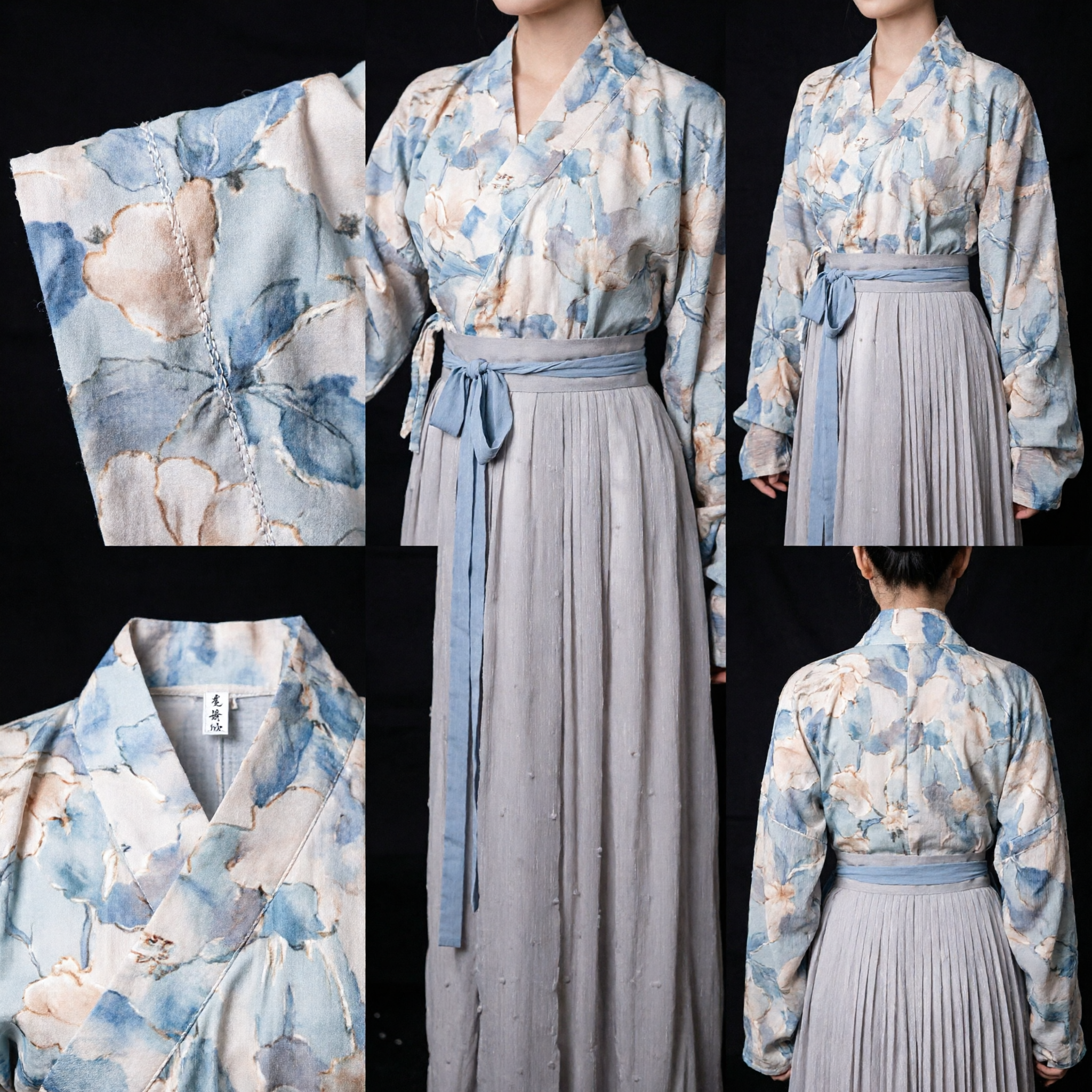 Traditionele Chinese Hanfu Ming Dynastie Stijl Bloemen Kruiskraag Top en Grijze Geplooide Rok Kostuumset voor Vrouwen - Asian Costume