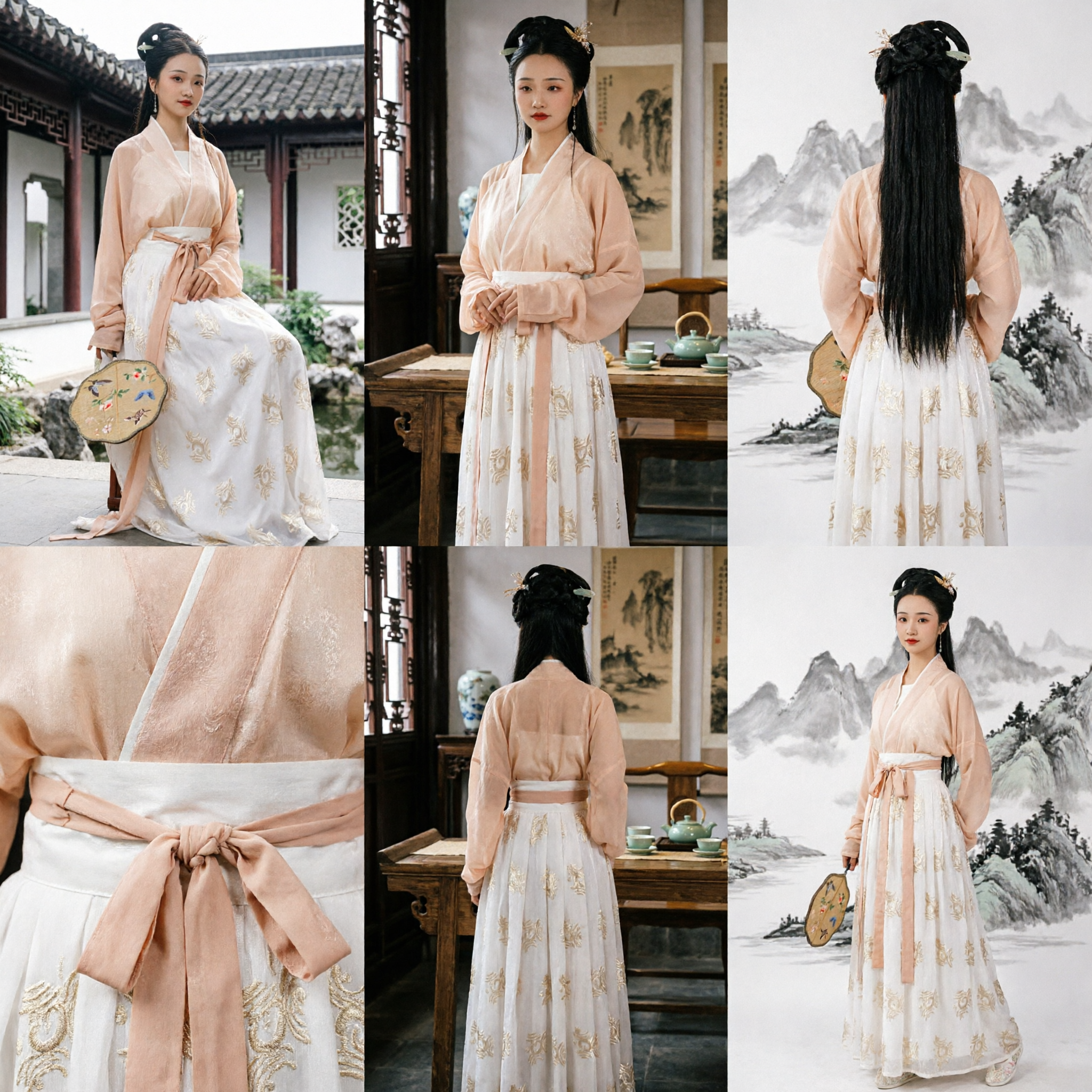 Oude Chinese Hanfu Kostuum Tang Dynastie Prinses Geborduurde Perzik Top en Witte Rok Set voor Vrouwen - Asian Costume