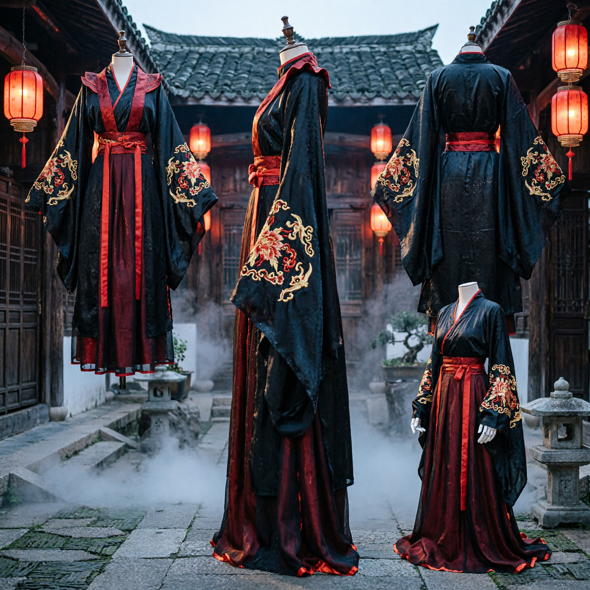 Costume Hanfu Wuxia Antico Cinese Nero e Rosso Tunica Tradizionale Arti Marziali Cosplay per Adulti - Asian Costume