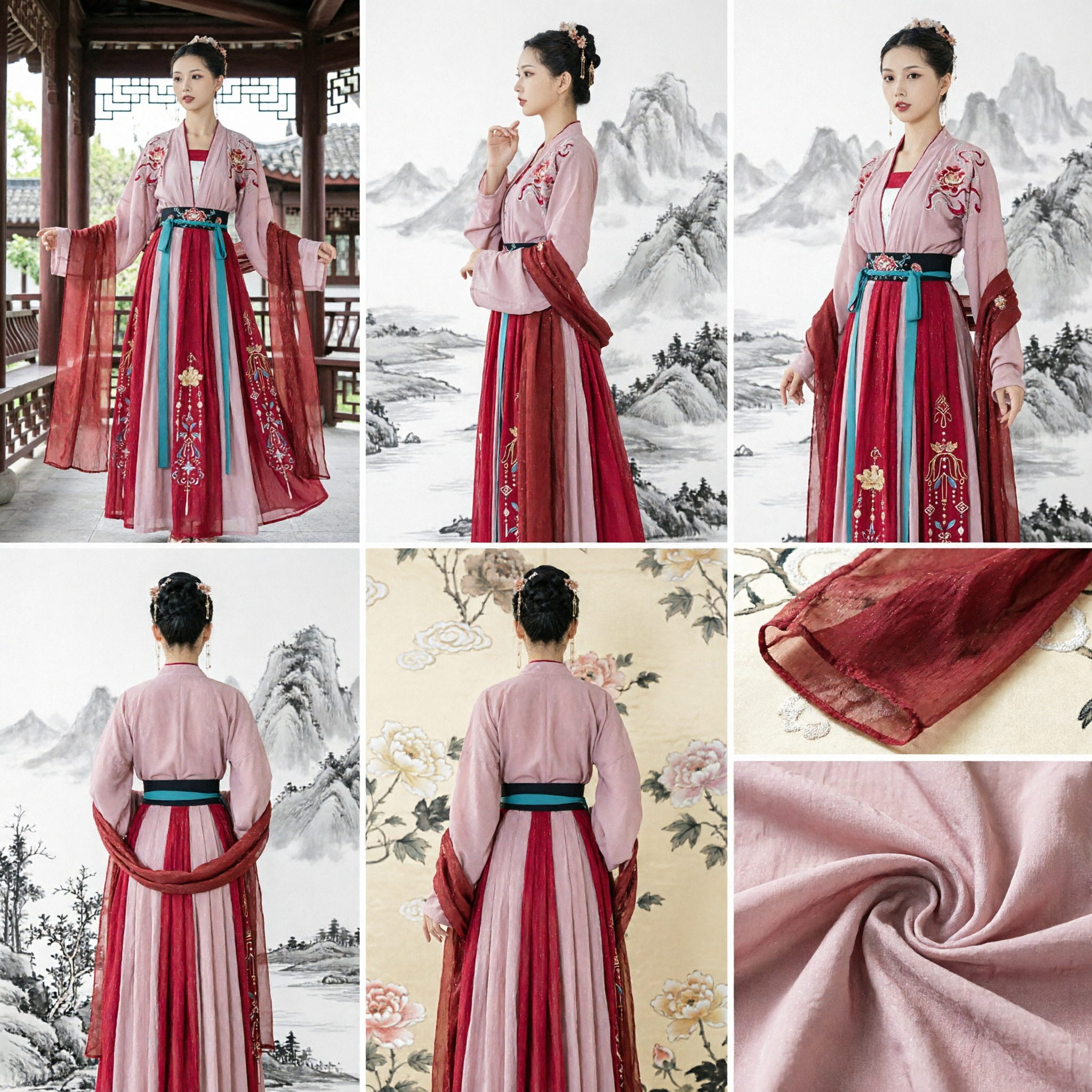 Hanfu traditionnel chinois élégant pour femmes, ensemble de costume ancien : robe rose brodée et jupe rouge - Asian Costume