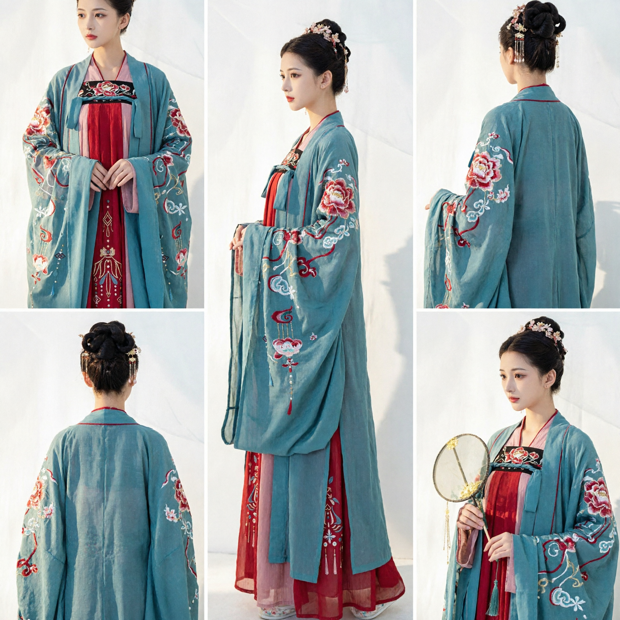 Hanfu traditionnel chinois style dynastie Tang, ensemble robe bleue brodée et jupe rouge pour cosplay historique féminin - Asian Costume