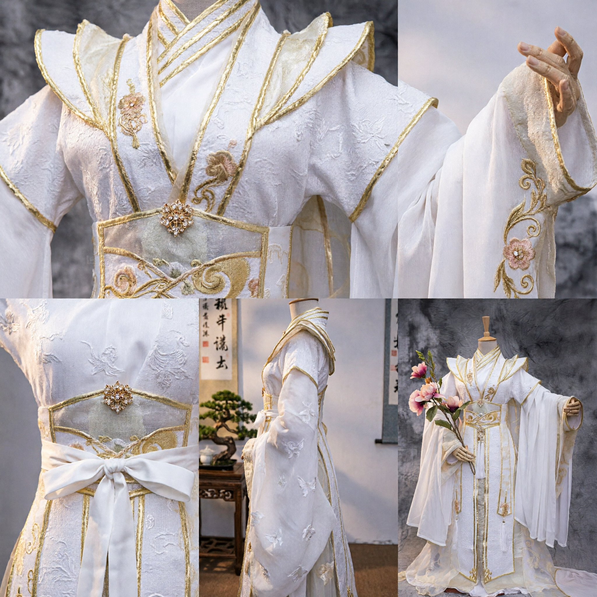 Traditionelles chinesisches Hanfu-Kostüm, weiß-gold bestickte antike Schwertkämpfer-Prinzenrobe für Männer-Cosplay und Auftritte - Asian Costume