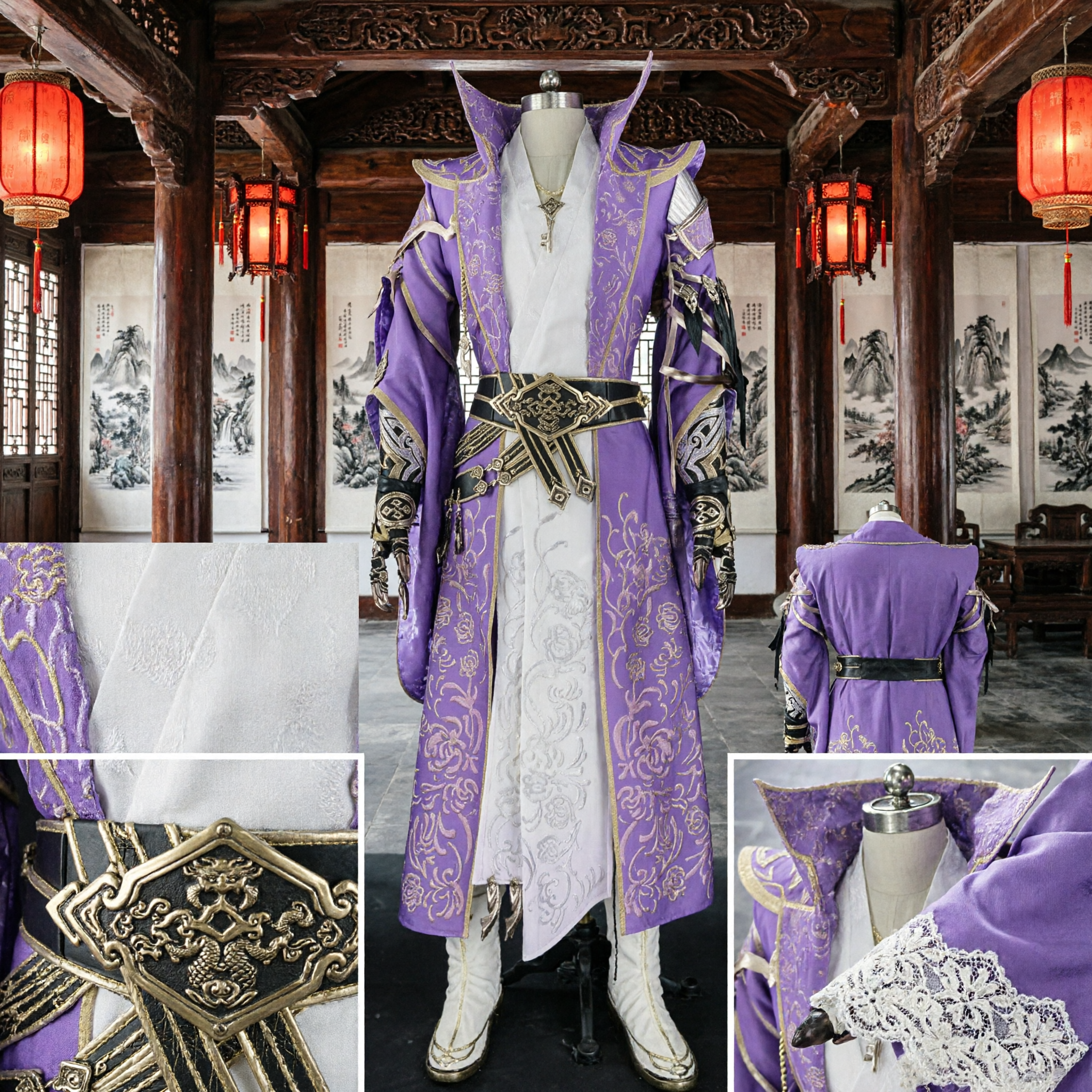 男性用 紫の古代中国 剣侠 仙侠ファンタジーコスチューム 貴族ローブと鎧セット ハロウィン用 - Asian Costume