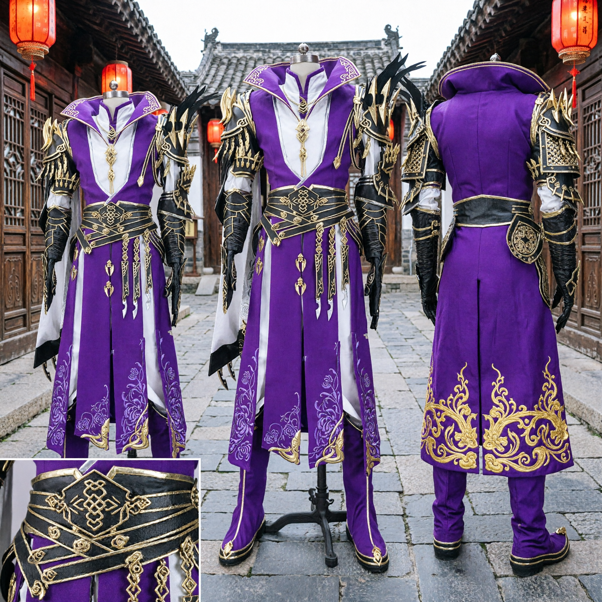 Paars Oud-Chinees Zwaardvechter Cosplay Kostuum met Uitgebreid Goud Pantser voor Mannen Halloween Rollenspel - Asian Costume