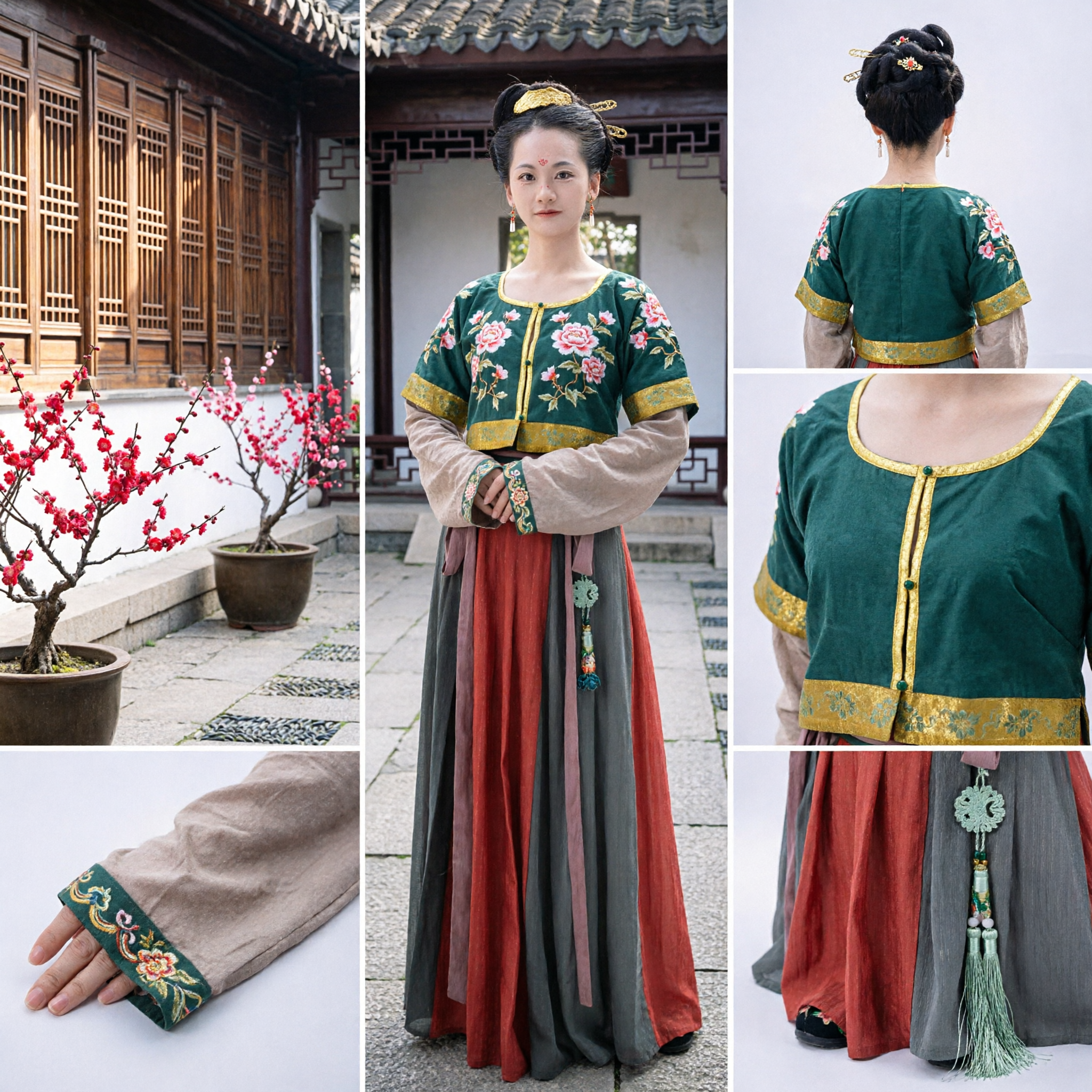 Costume Hanfu della Dinastia Tang Tradizionale Cinese per Donne Abito Antico Verde e Rosso per Spettacoli Teatrali - Asian Costume