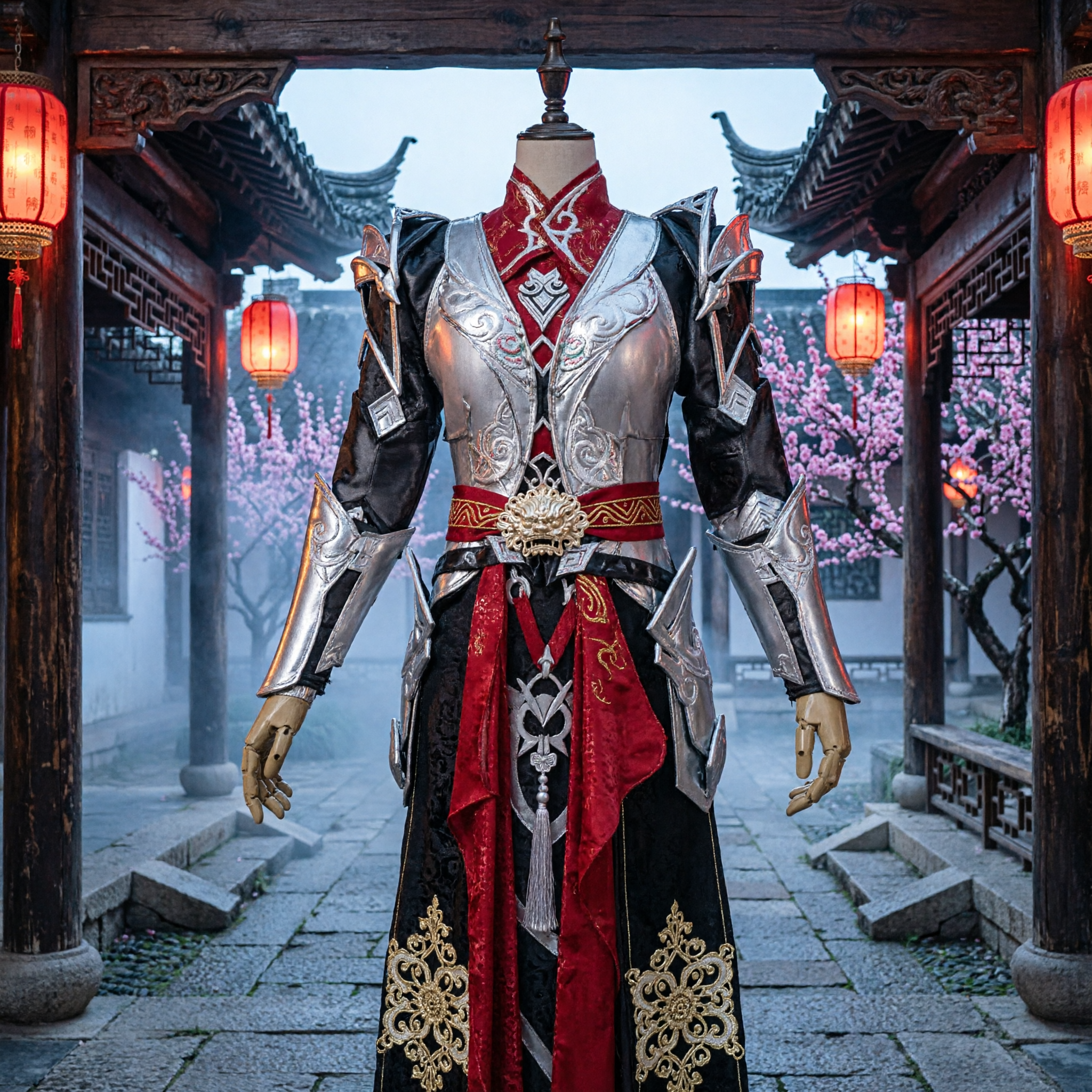 Chinesisches antikes Wuxia-Schwertkämpfer-Silberrüstung-Roterobe-Cosplay-Kostüm Fantasy-Krieger-Outfit für Männer - Asian Costume