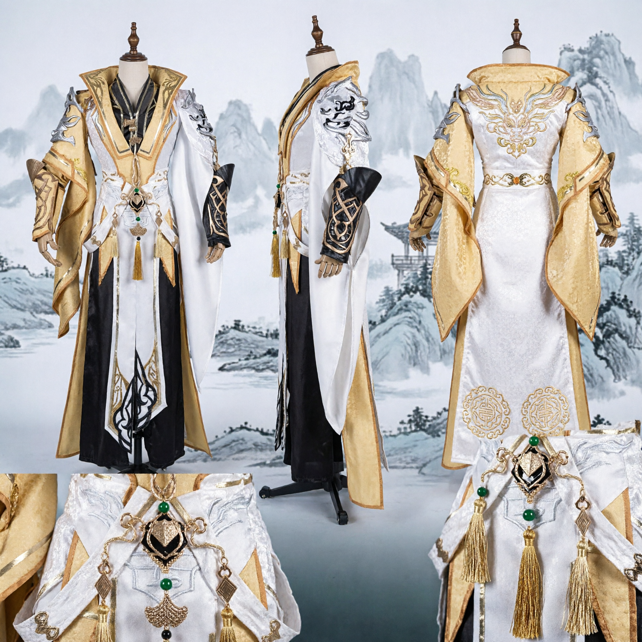Costume de Cosplay d'Épéiste Ancien Chinois Robe Noble Xianxia Dorée et Blanche Tenue Hanfu Wuxia pour Hommes - Asian Costume
